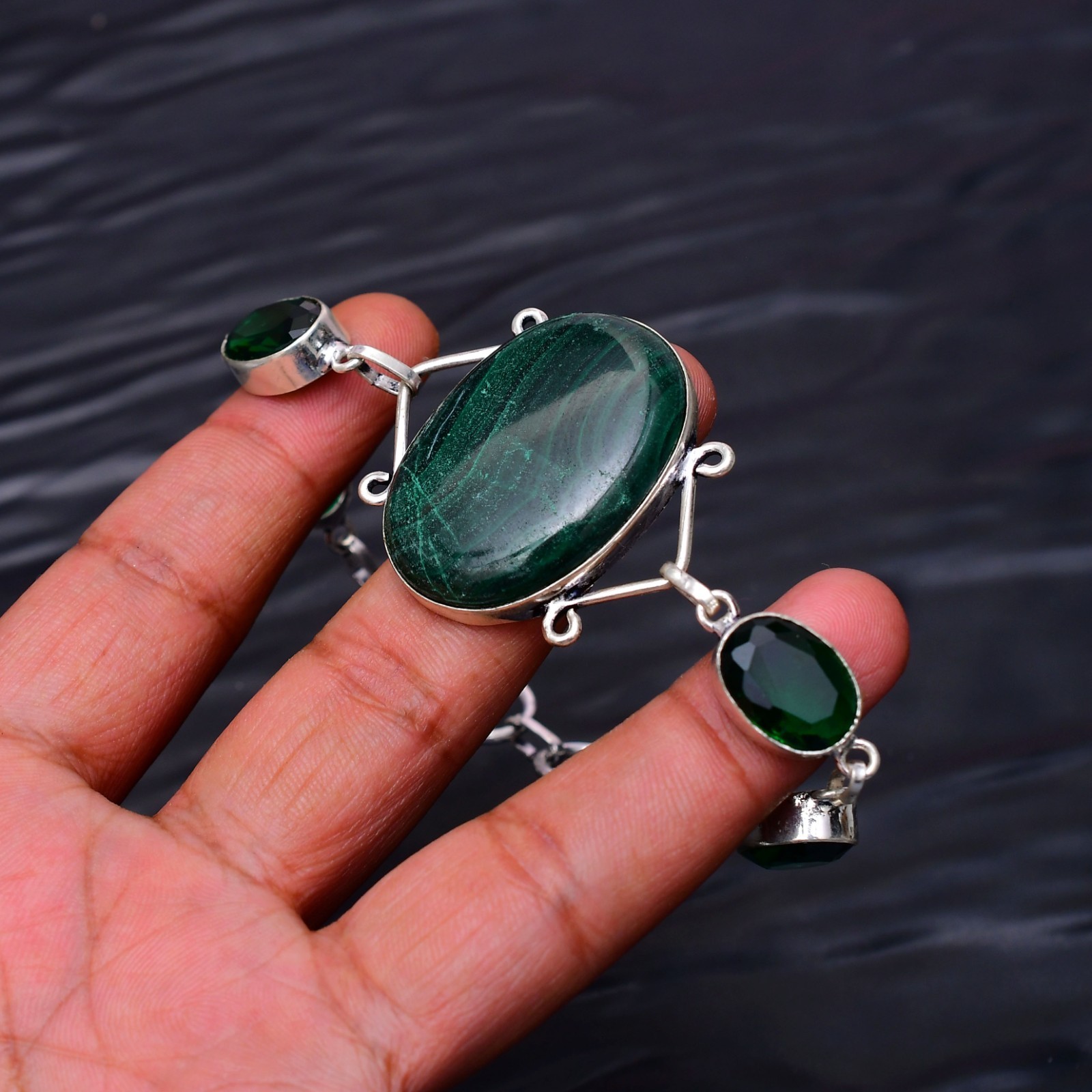 Malachite Gemstone 925 Sterling Silver Bracelet Jewellery 7-8″