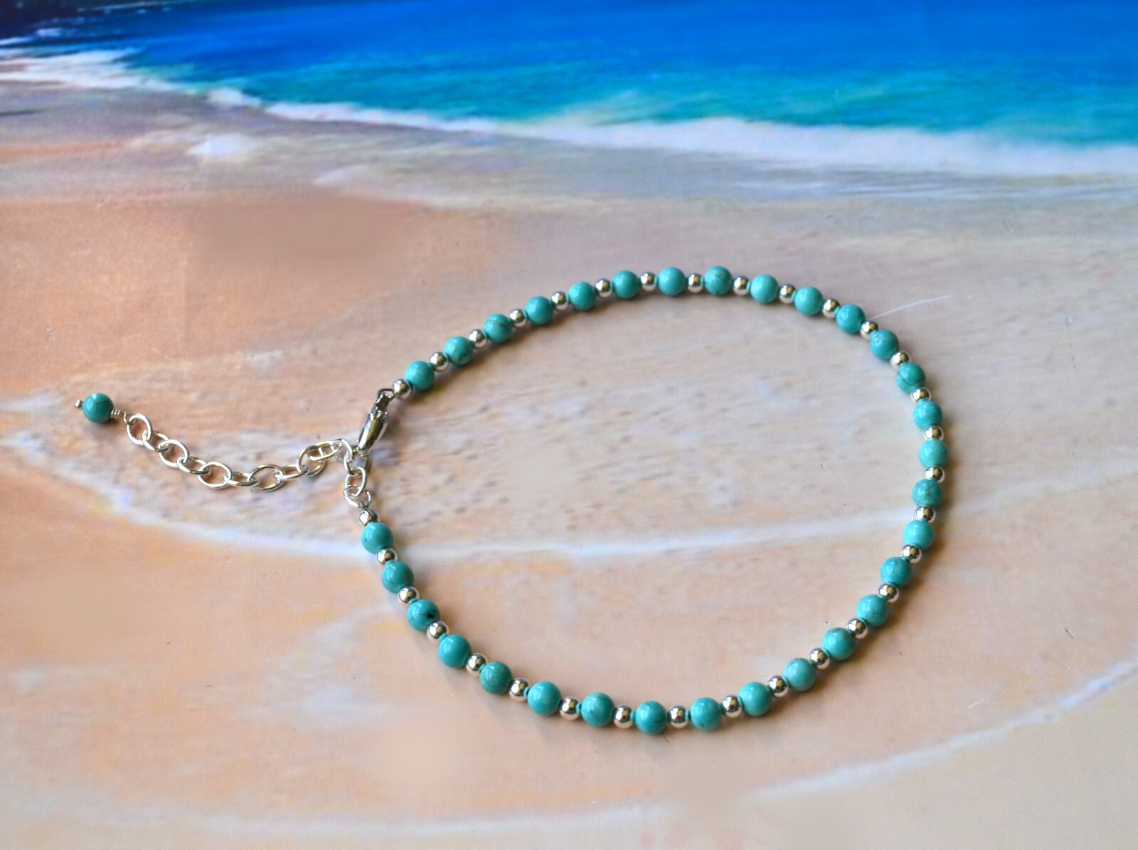 4mm Turquoise Bead and 3mm Sterling Silver Bead Ankle Bracelet 9 to 11 Inches