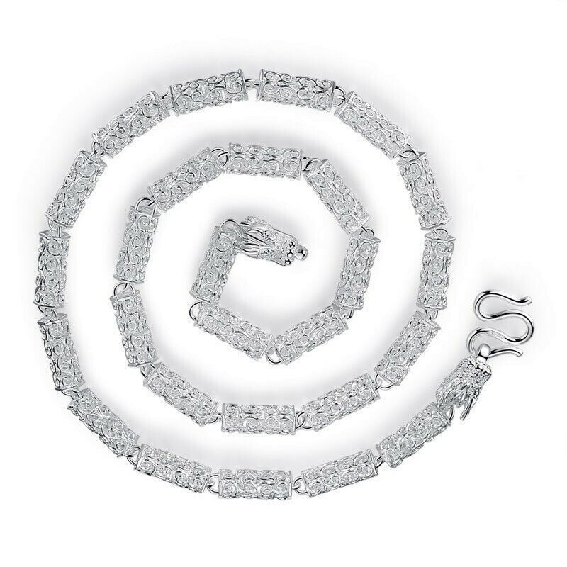 Pure S999 Fine Silver Chain Men Women Propitious Cloud Dragon Beaded Necklace