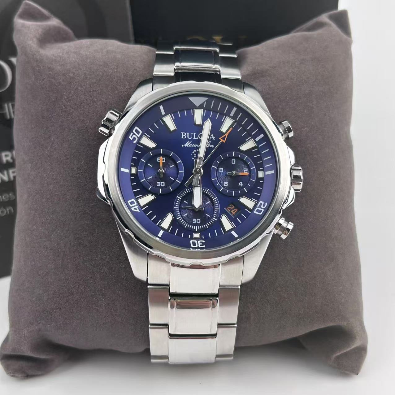 New Bulova Marine Star 96B256 Blue Dial Men’s Chronograph Quartz Watch 43mm