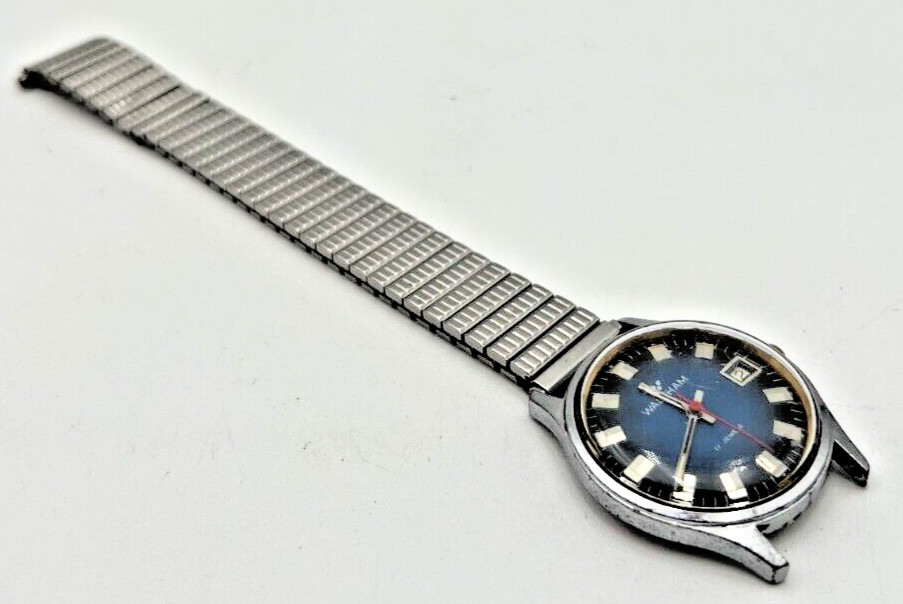 WALTHAM 17 JEWELS MANUAL WIND W/ DATE BLUE & BLACK FACE STRETCH BAND NEEDS PIN