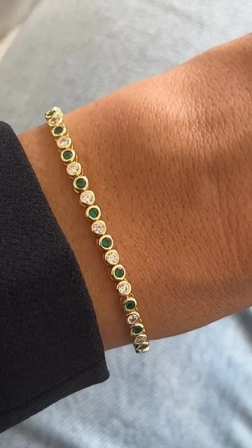 7TCW Round Cut Lab Created Green Emerald 14K Yellow Gold Plated Tennis Bracelet