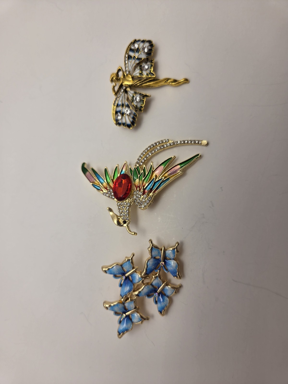 Gold Tone Lot of 3 Butterfly & Bird Brooch Pins Multicolor Enamel Rhinestone