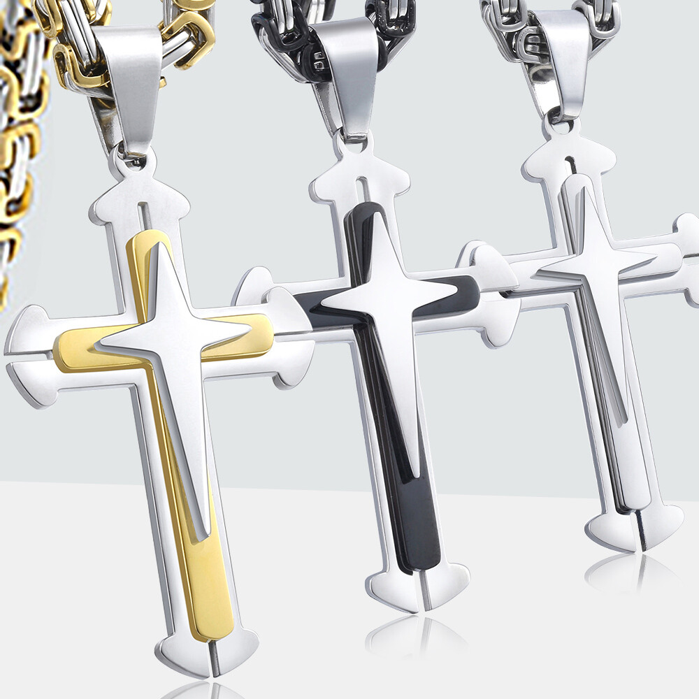 Silver/Gold Plated Cross Pendant Necklace Stainless Steel Byzantine Chain 20/22″
