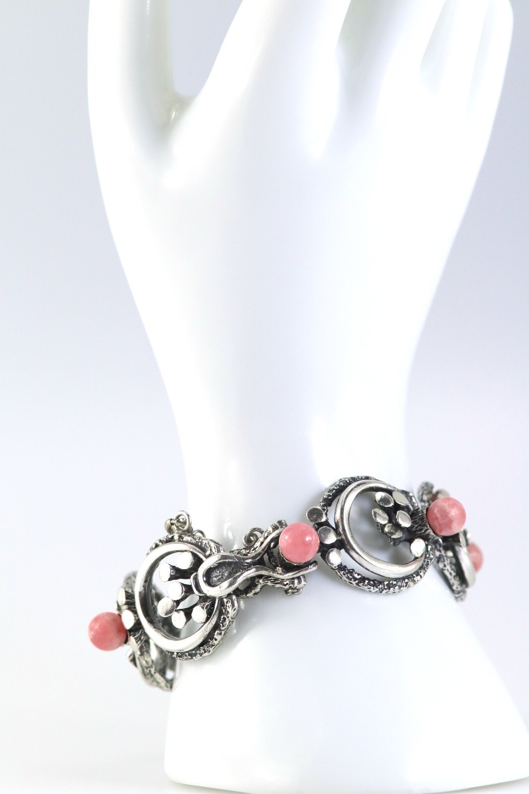 Floral Sterling Silver (925) Link Bracelet, with Rhodochrosite, Floral, L: 19cm