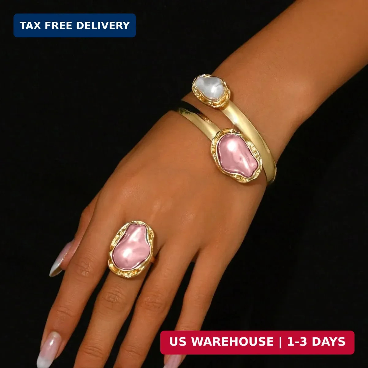 Pearl Jewelry Set for Women Vintage Irregular Pearl Bracelet Rings Set Chunky Cu