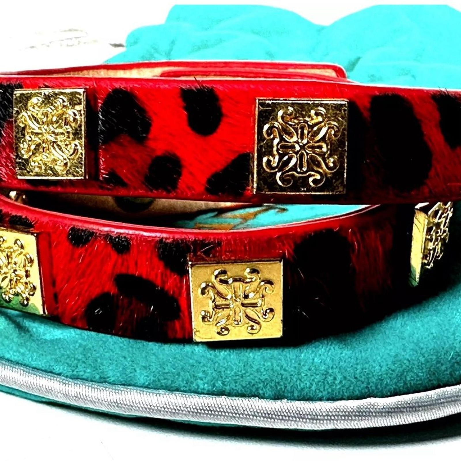 Rustic Cuff Brown Red Calf Skin Double Leather Wrap Gold Tone With Bag & Pouch