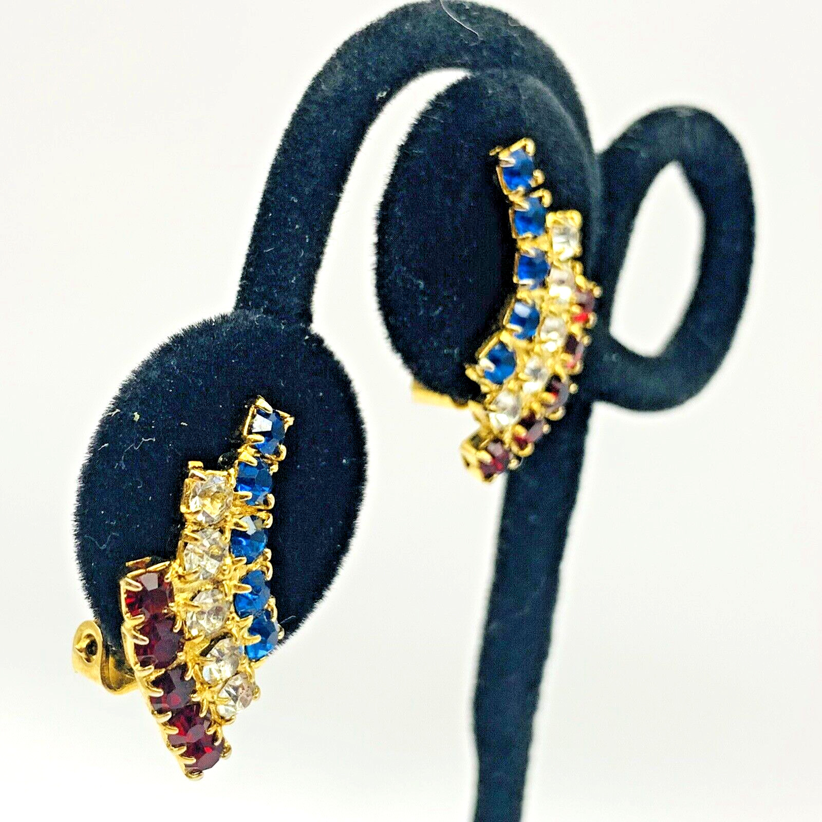 Vintage Patriotic Red White (Clear) Blue Rhinestone Clip On Earrings Gold Tone