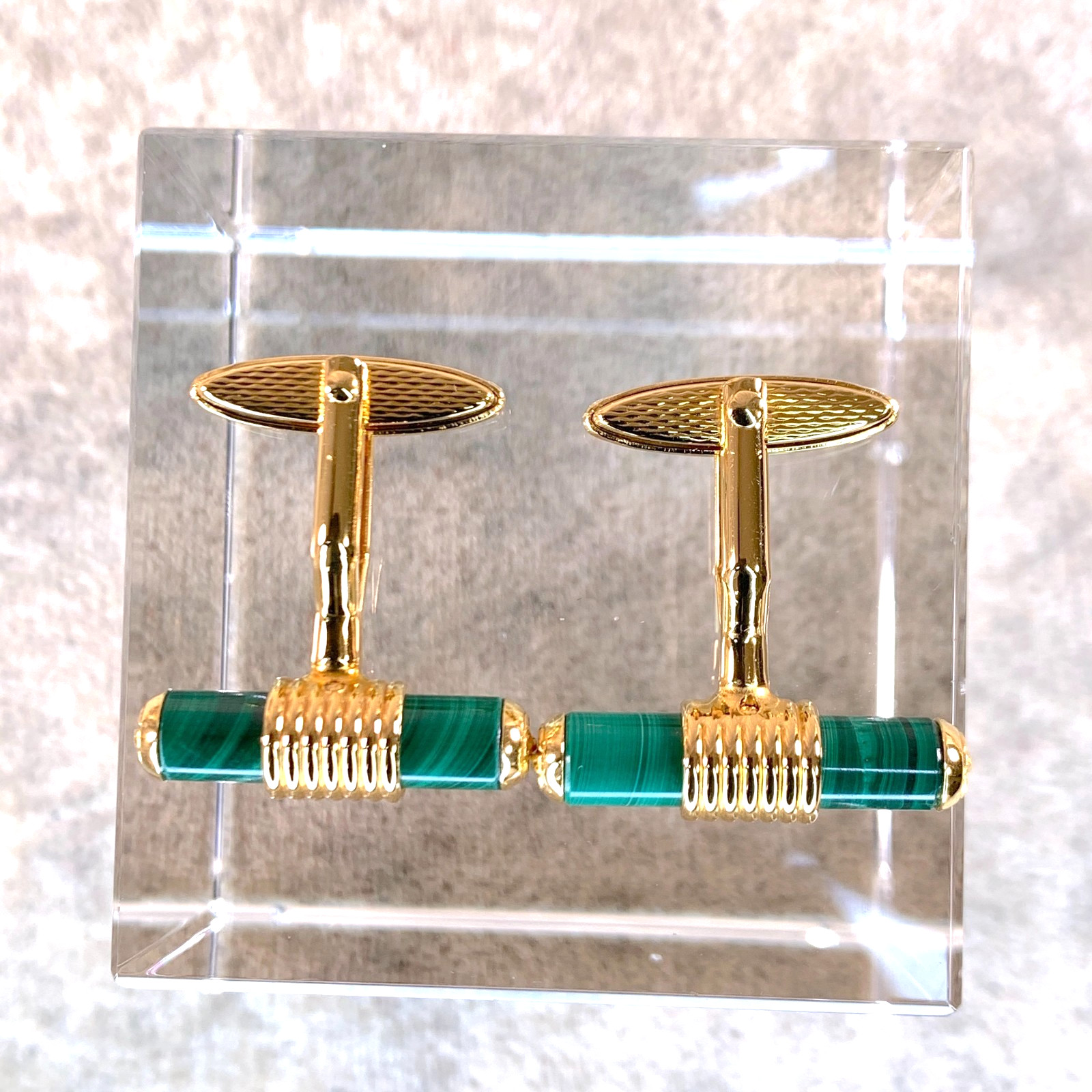 Vintage Dunhill Cufflinks & Tie Bar Clip Cylinder Malachite Gold Finish w/Box
