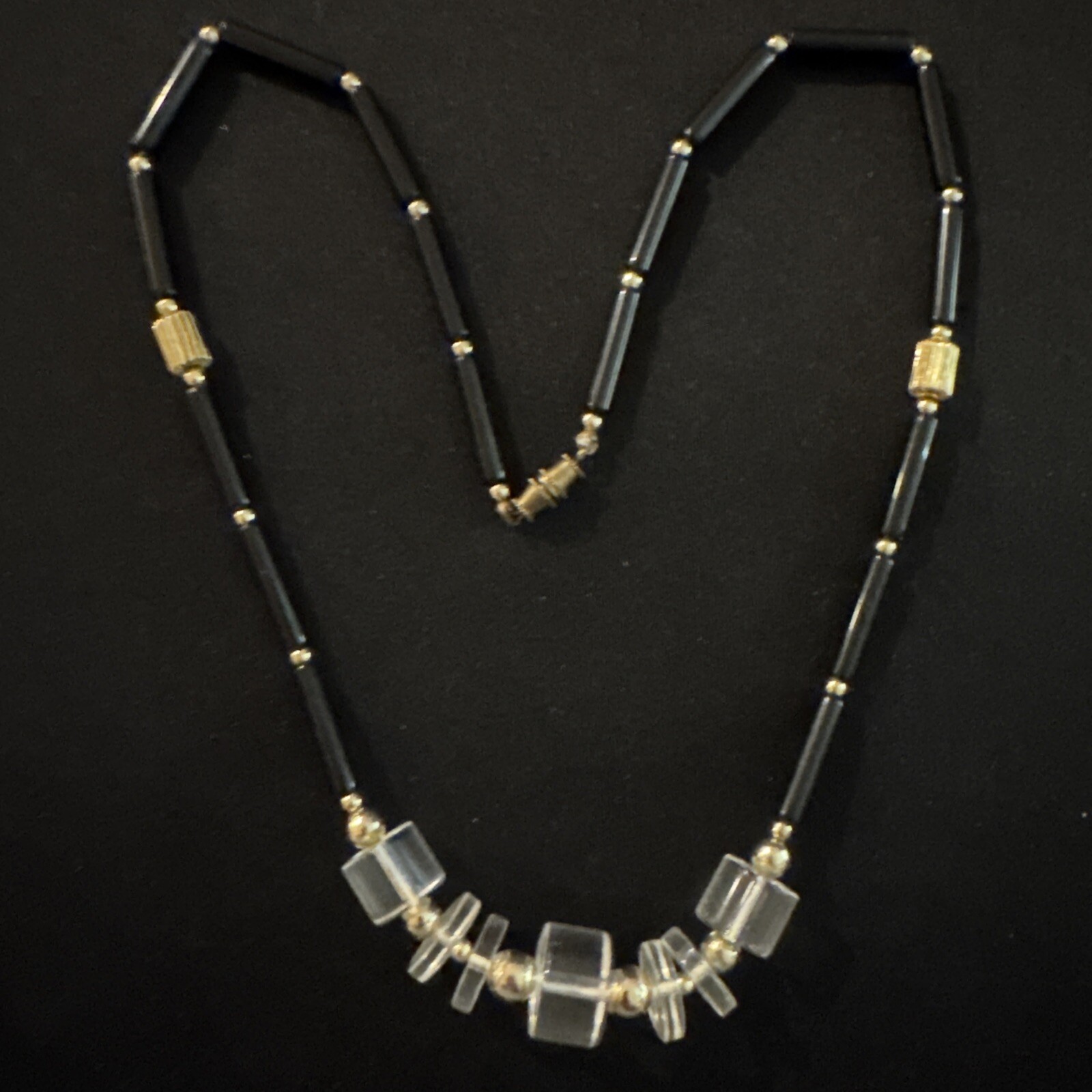 ART DECO GOLD Black & CLEAR LUCITE GRADUATING TUBE CYLINDER NECKLACE Bead