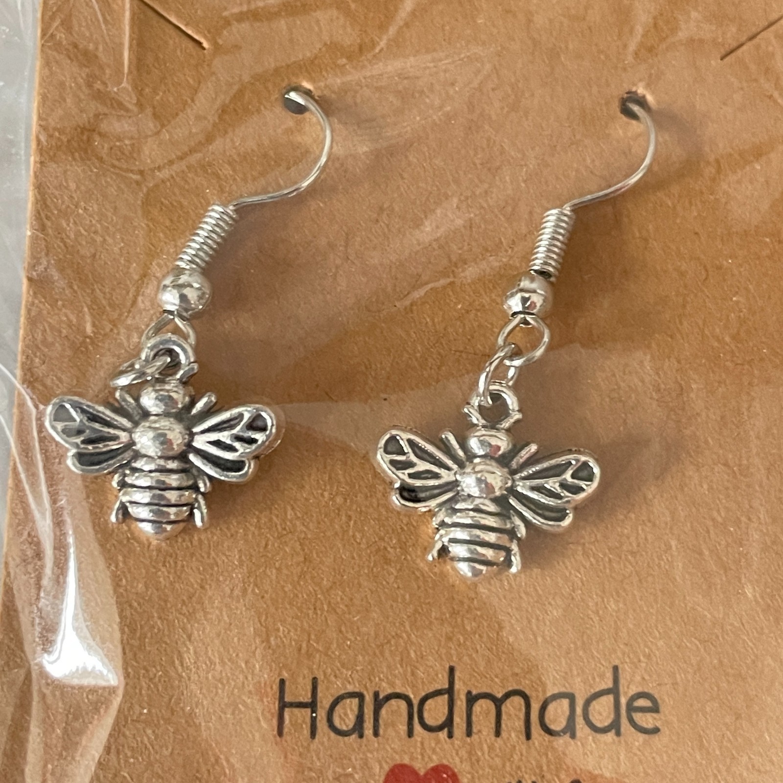 Pocket Hug – Handmade Earrings Silver Tone Small Bee Charm Drop Hook Gift