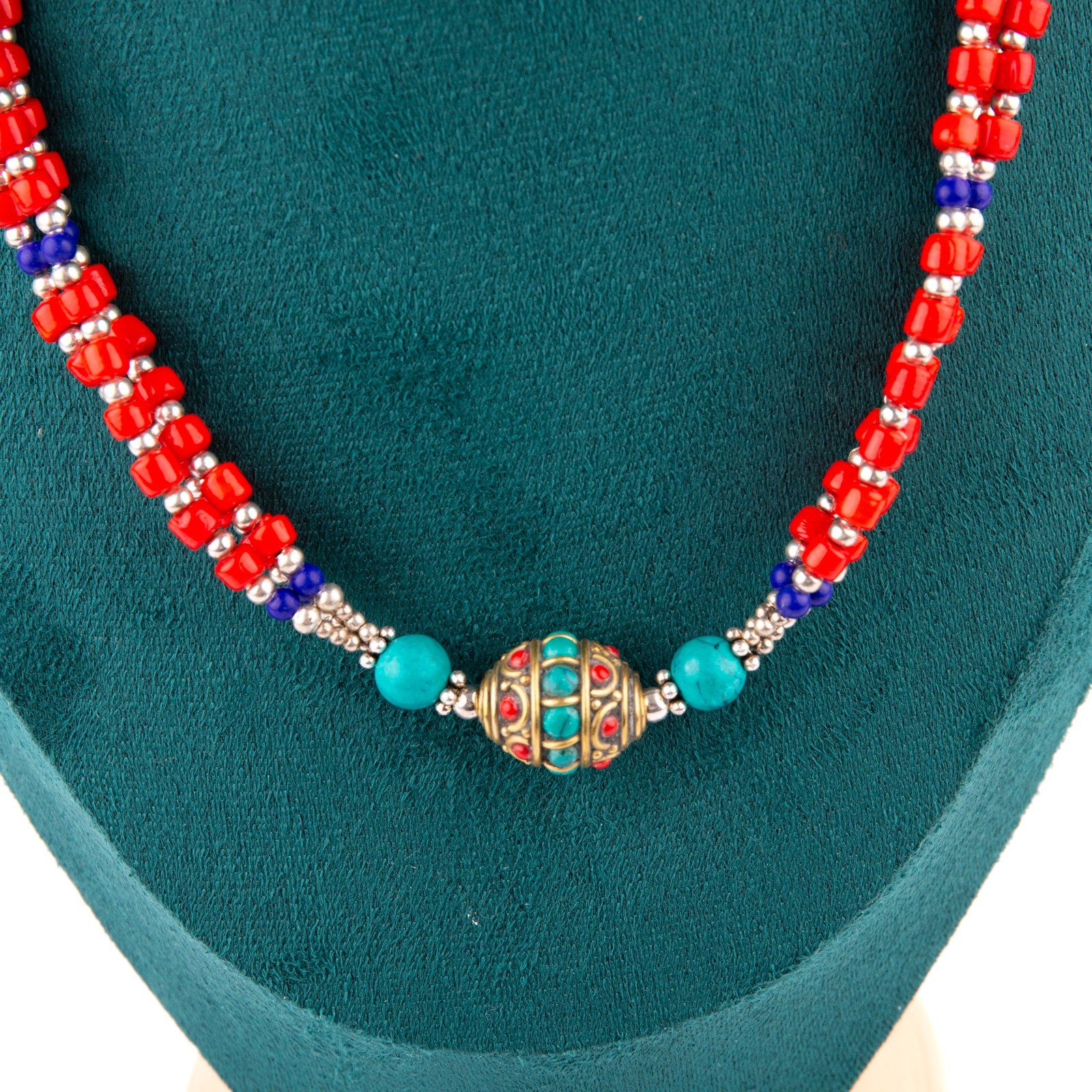 Tibetan Necklace, Red Coral Turquoise Lapis Lazuli Beads, Traditional Jewelry,