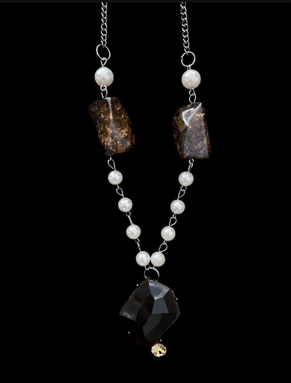 Faux Pearl + Smoky Quartz-Style Pendant Necklace