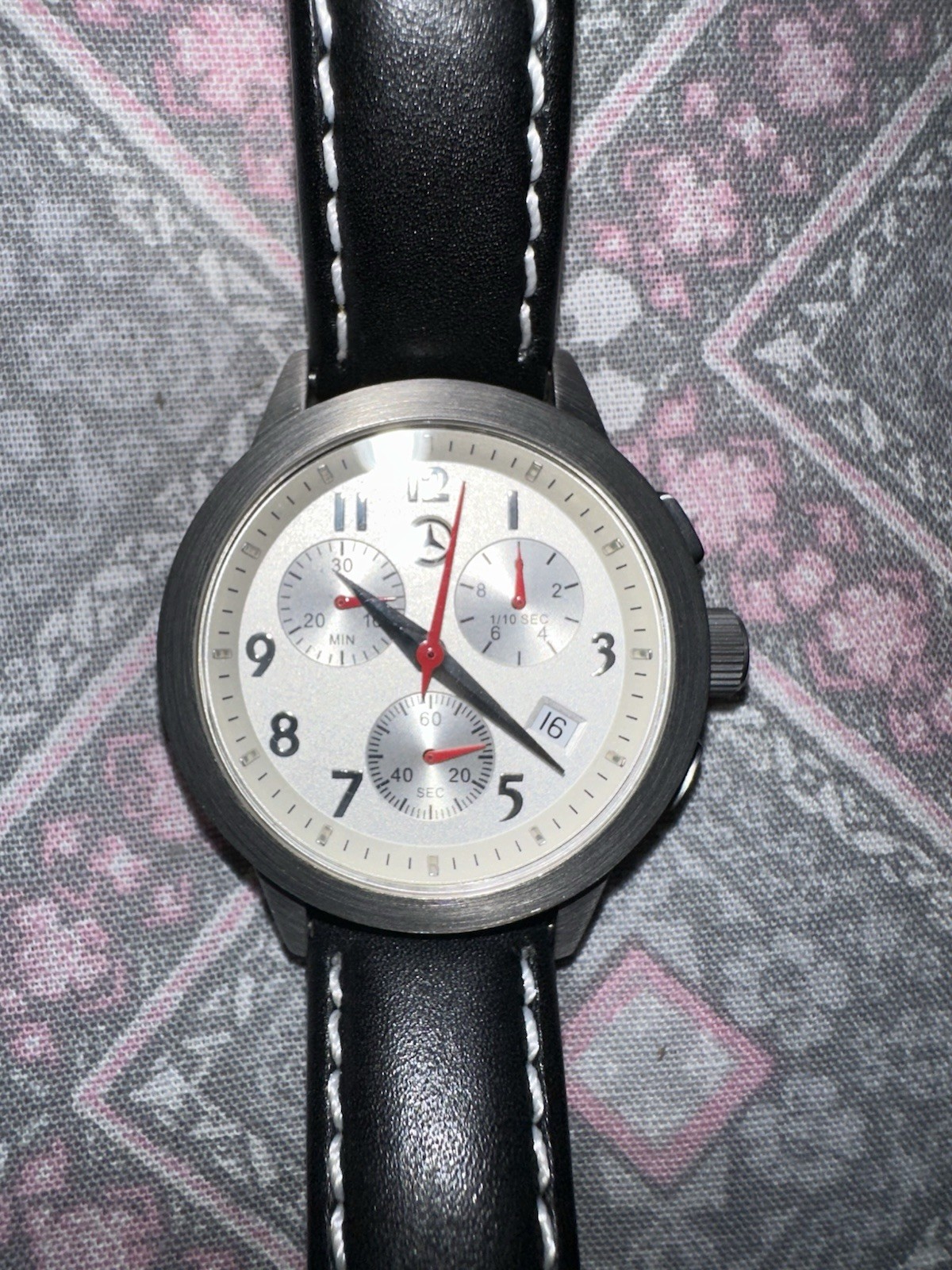 Mercedes-Benz Quartz Analog Chronograph Date Sport Wristwatch Black Leather Men