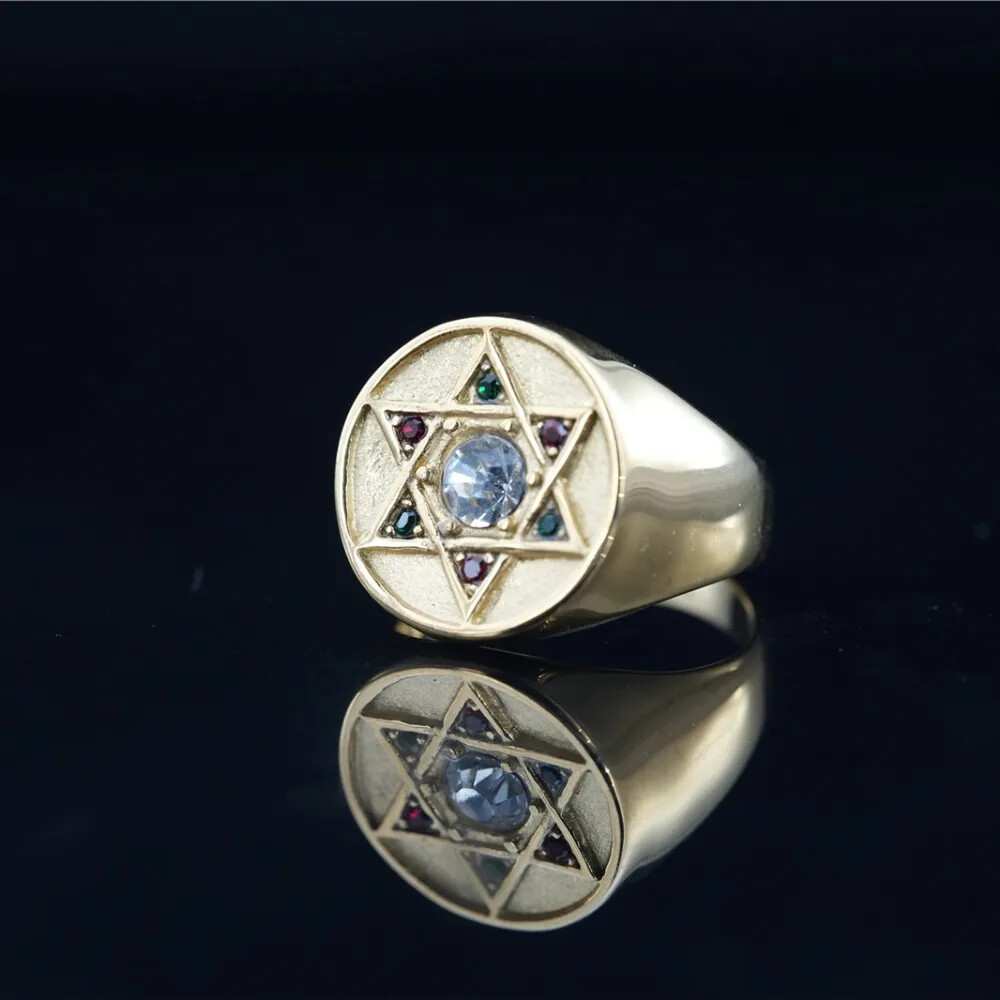 Mens Domineering Stainless Steel Zicron Studded Six Pointed Star Rings Size 7-13