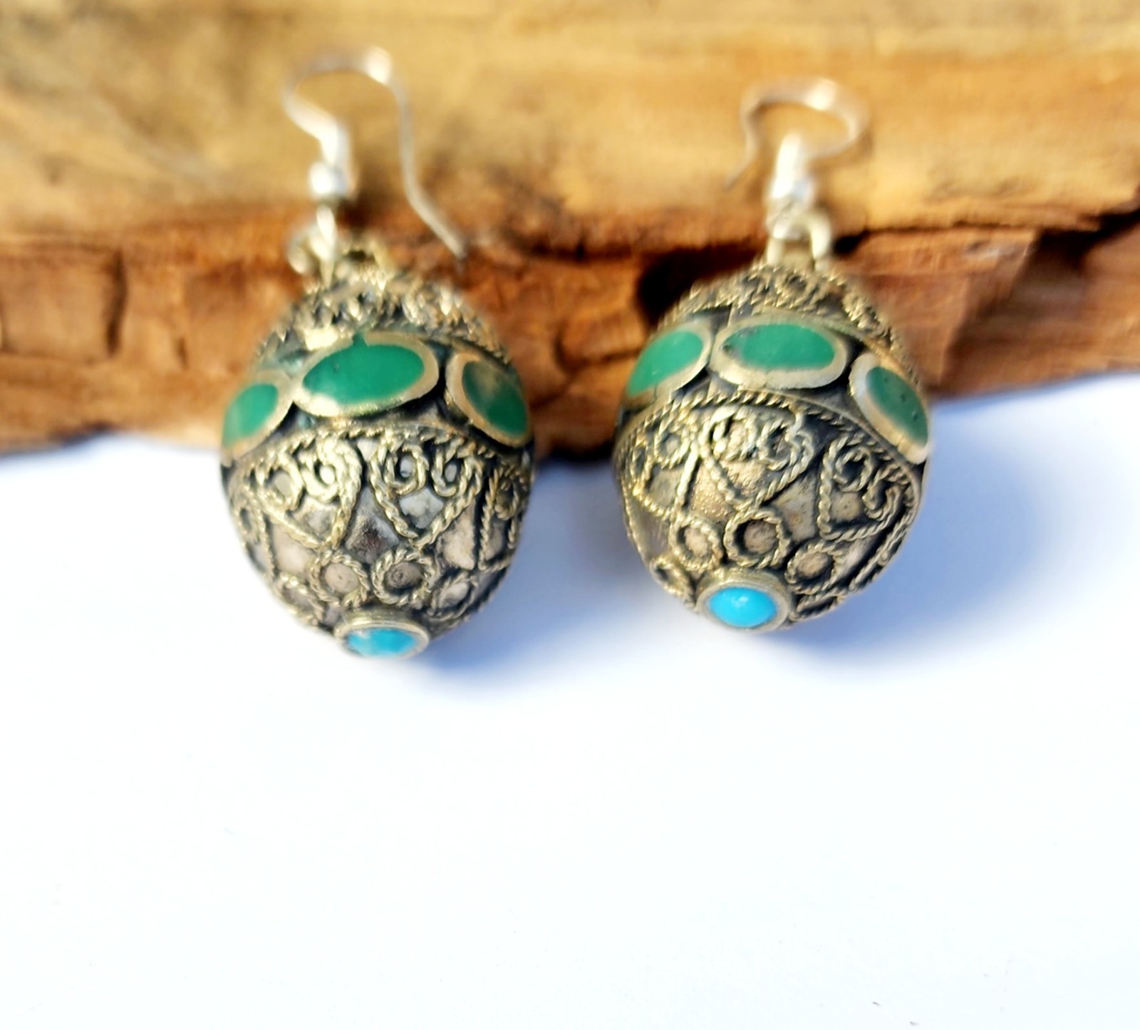 Filigree vintage Green Afghan Traditional ethnic Hook Dangle Drop Earrings