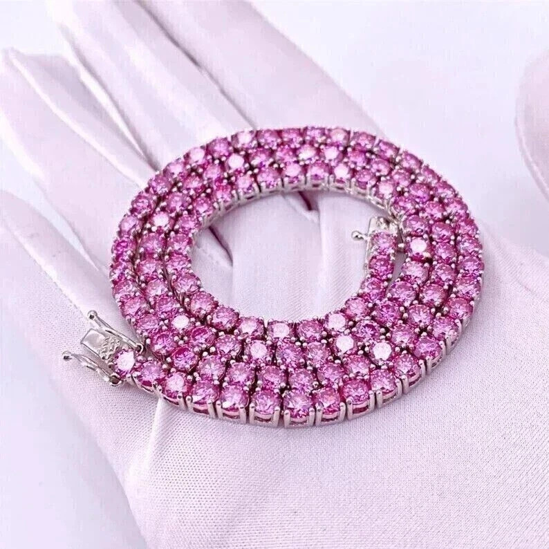 18CT Round Cut Lab Created Pink Sapphire Tennis Necklace 14K White Gold Plated