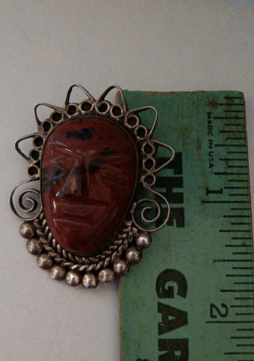 Vintage Mexican Aztec Face Mahogany Obsidian Brooch Pendant Sterling Marked