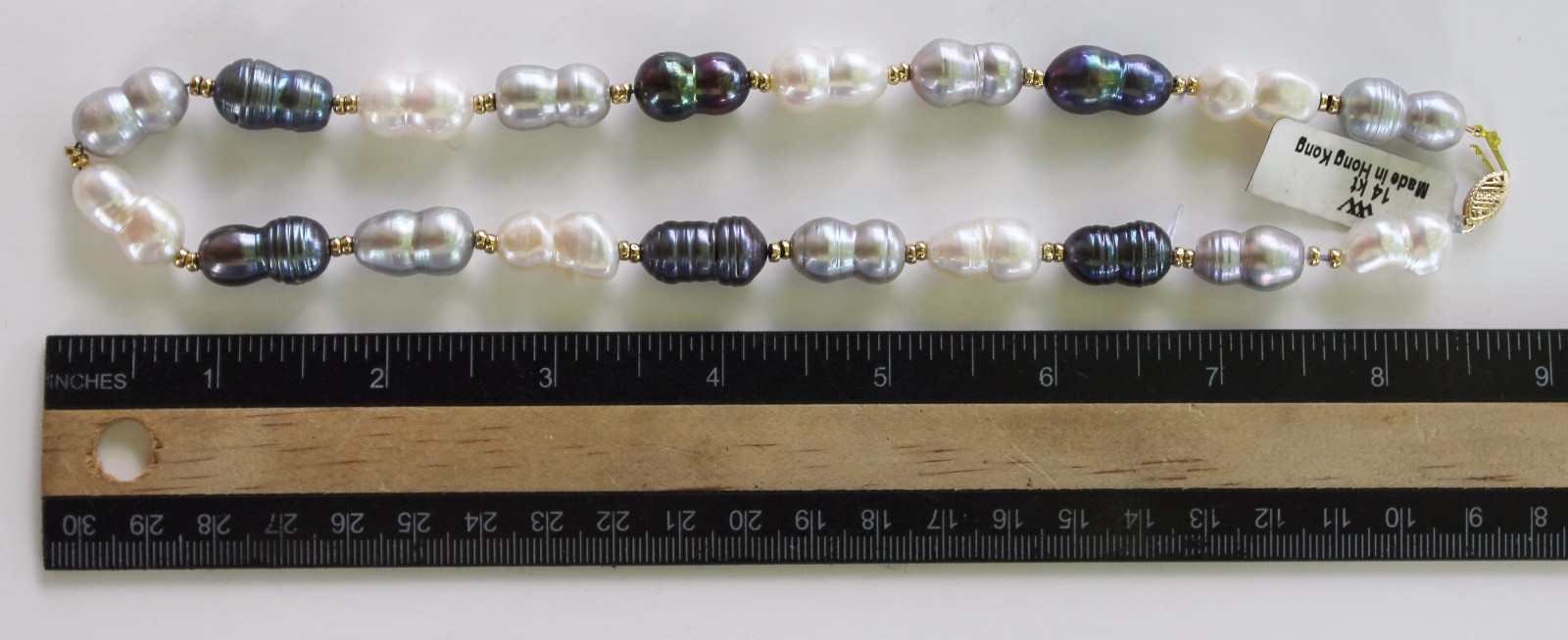 Huge 16 inch long ~ 11 x 18 mm Real Black Grey White Pearl Necklace ~ 14k Gold