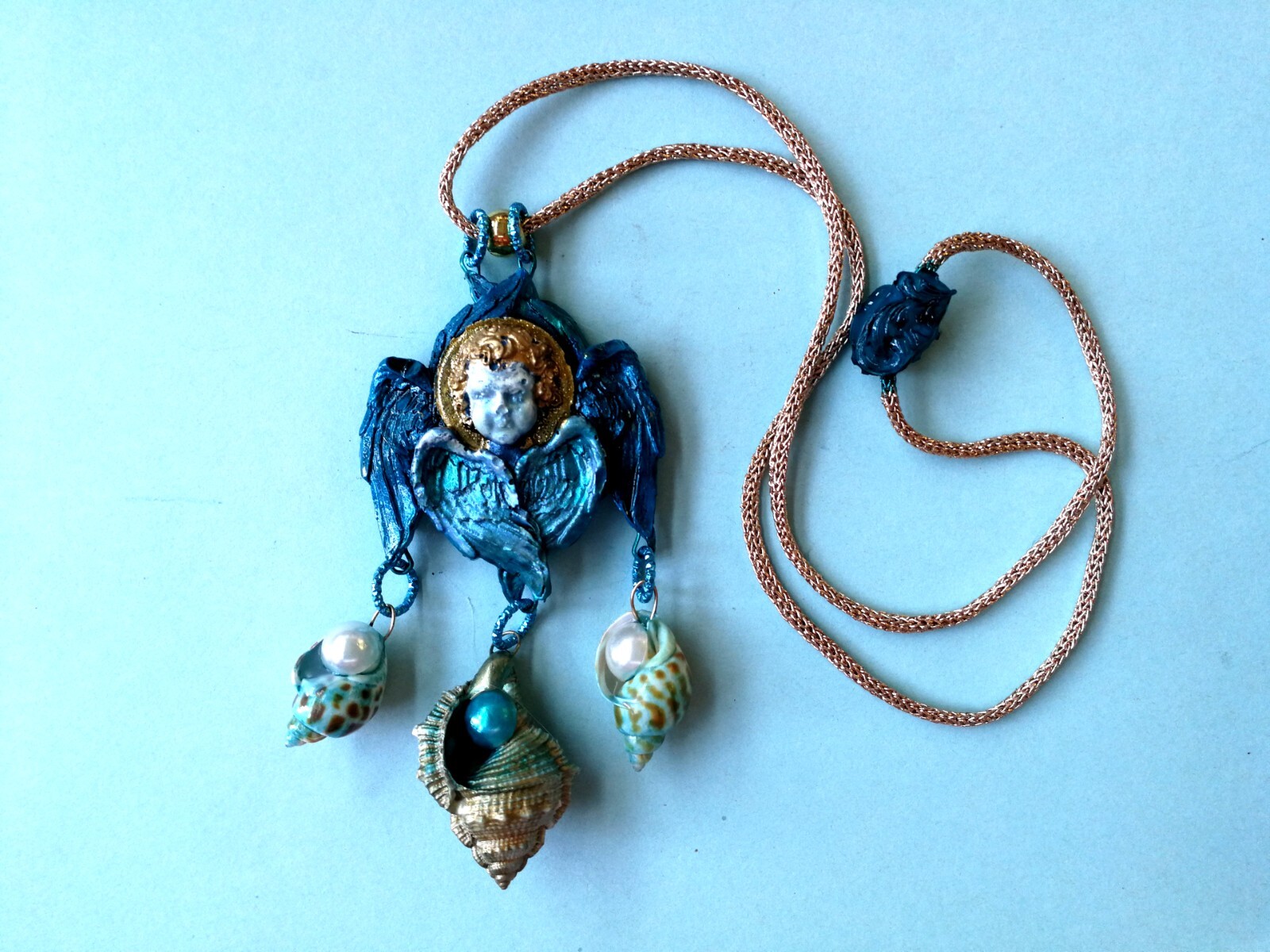 Talisman Amulet Blue Angel Rhinestone Necklace Pendant Wings Pearl Shell Jewelry