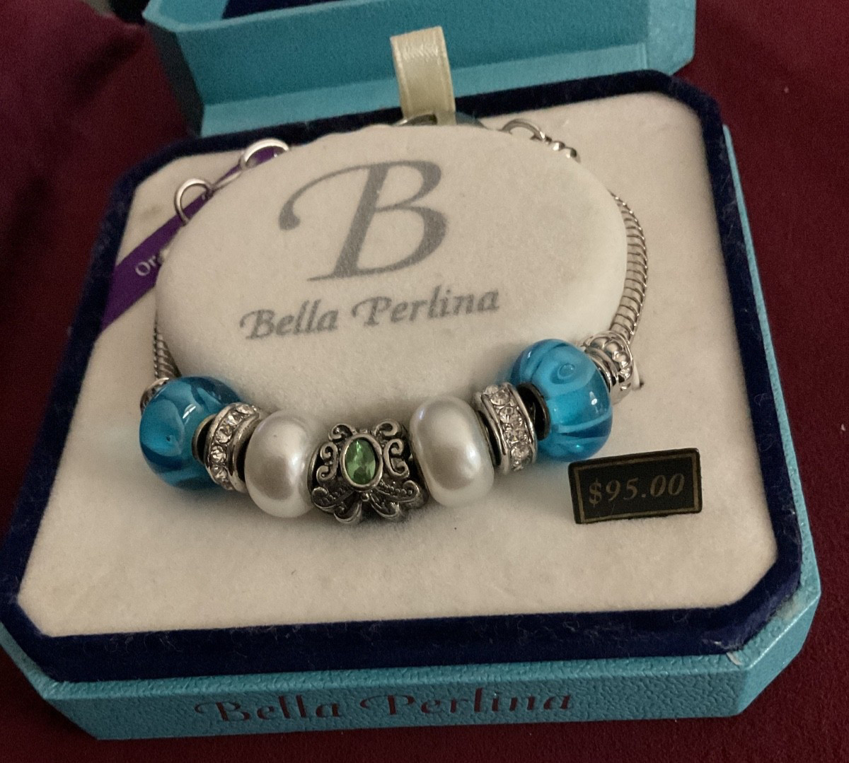 Bella Perlina Silver-Tone Charm Bracelet Blue Murano-Style Glass Crystal NIB