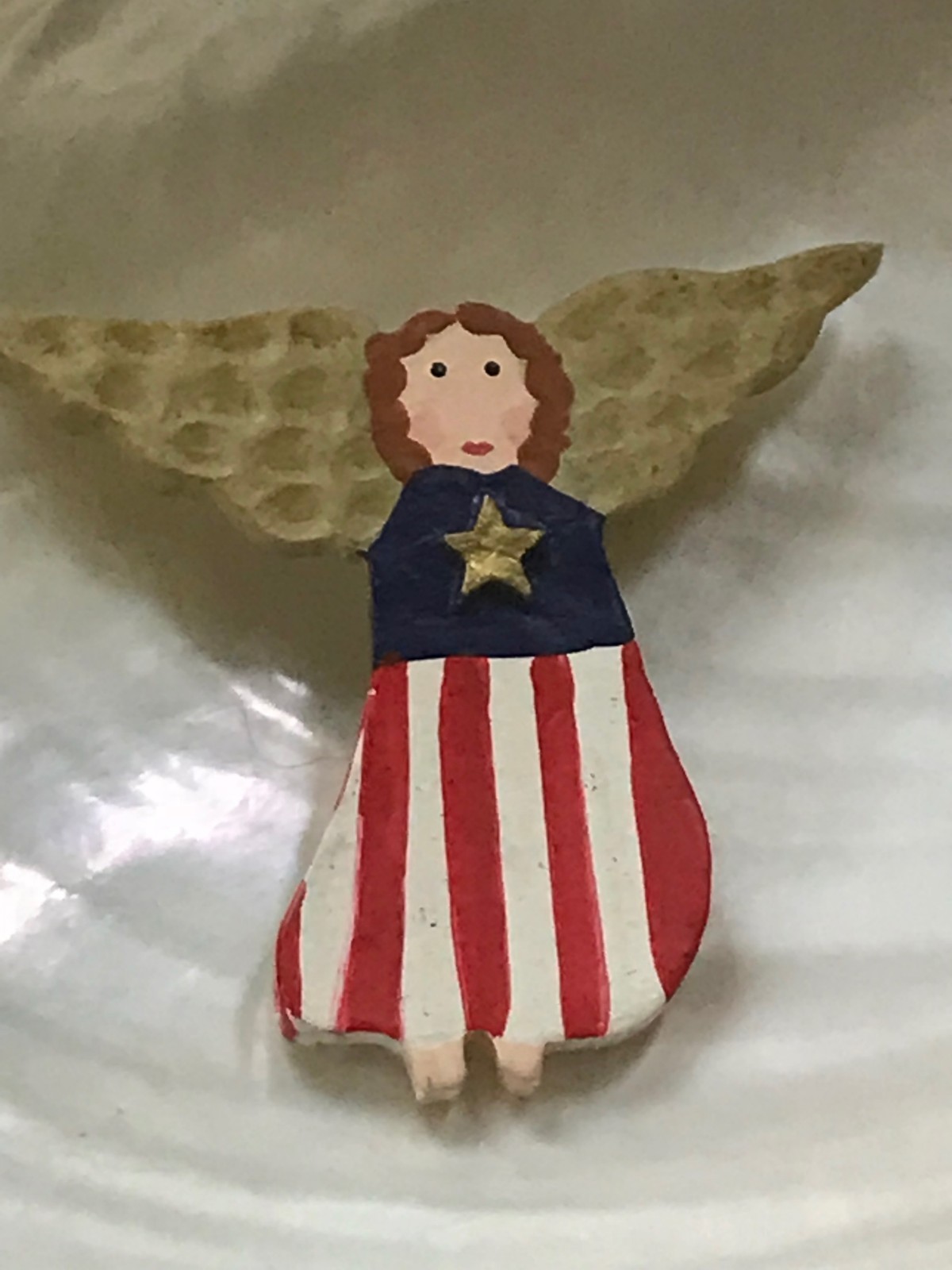 Estate Painted Wood or Resin Red White & Blue Patriotic ANGEL Holiday Pin Brooch