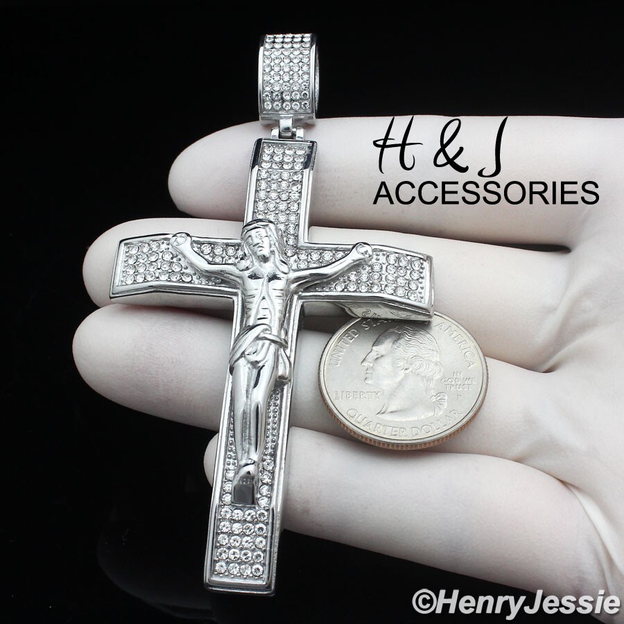 MEN STAINLESS STEEL ICY BLING CZ SILVER 3D BIG JESUS CHRIST CROSS PENDANT*AIP142