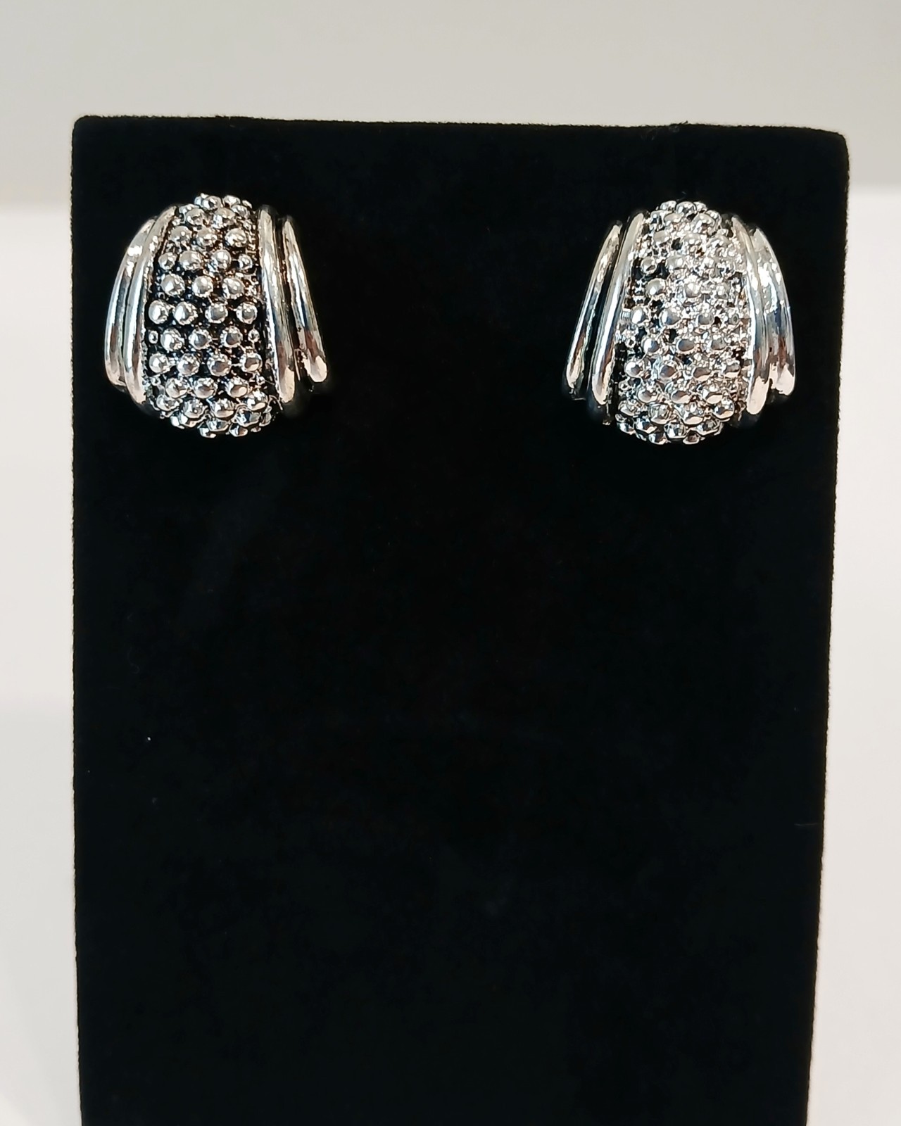 Vintage 1990s Domed Pavé Crystal Half-Hoop Earrings, Rhodium-plated 1cm