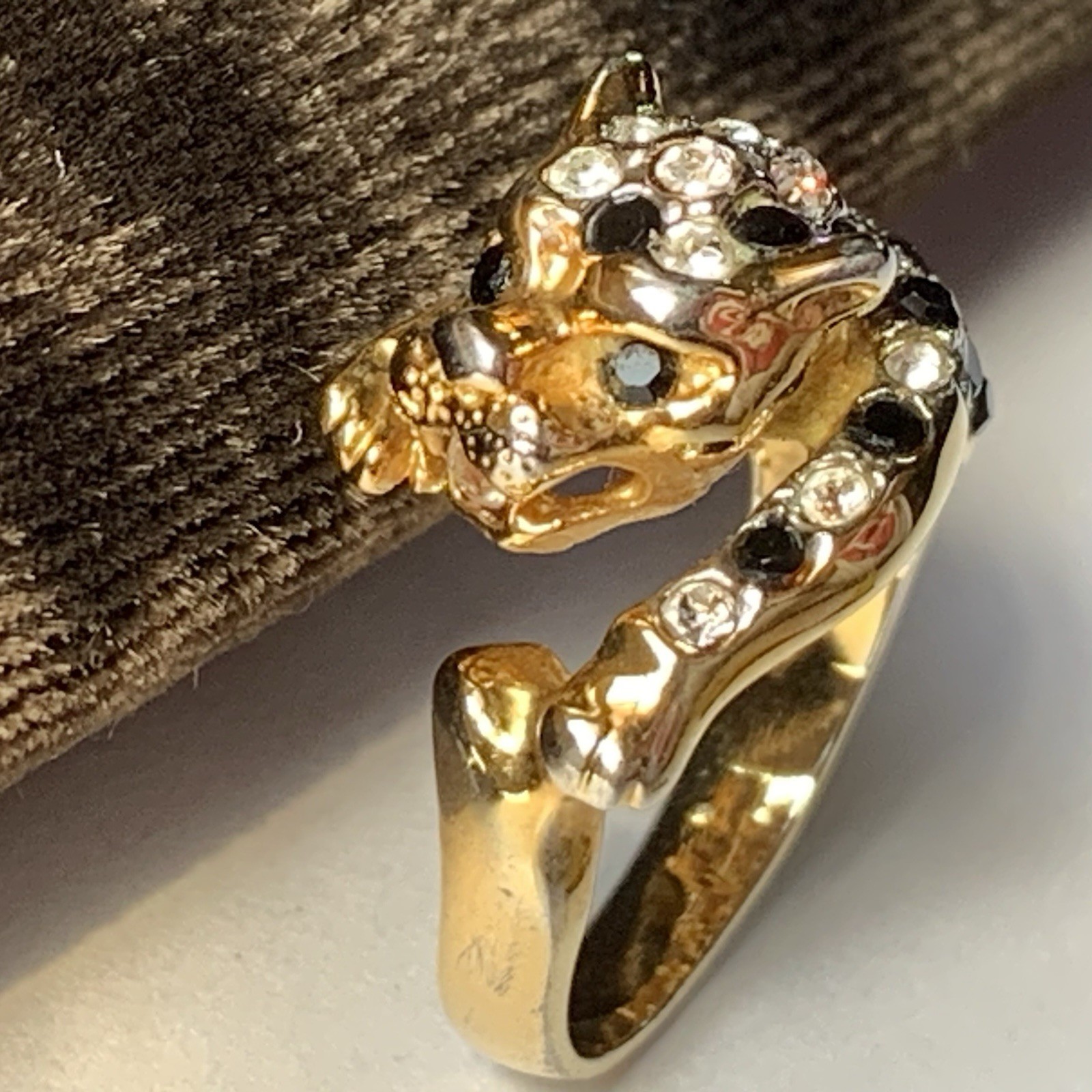 Leopard Jaguar Cat Cocktail Wrap Ring size 5 Gold Tone w rhinestones *READ