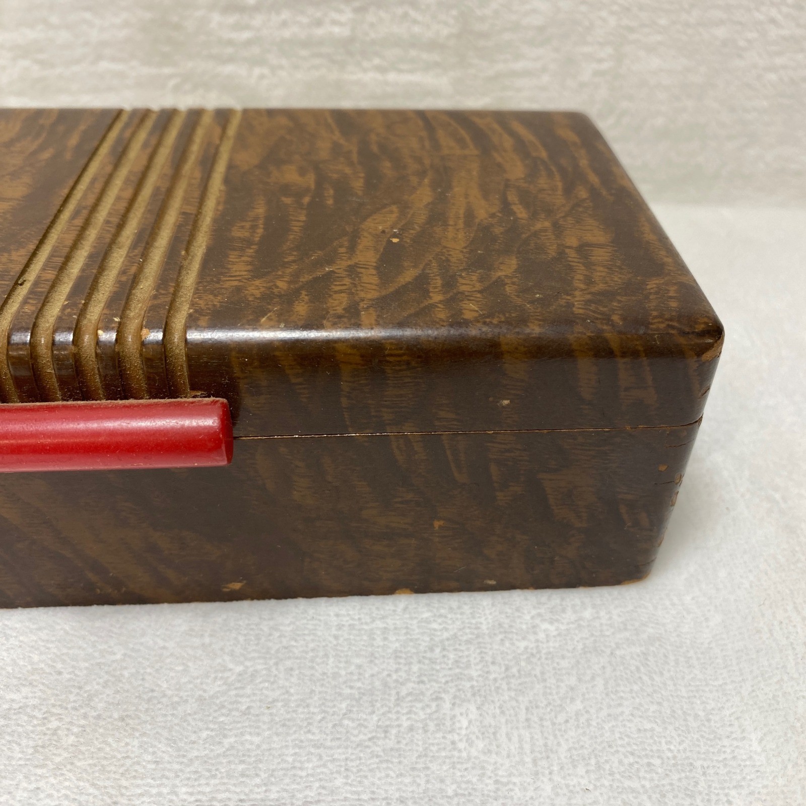 Vintage Bakelite Red Handle Wood Grain Jewelry Trinket Box Art Deco Storage