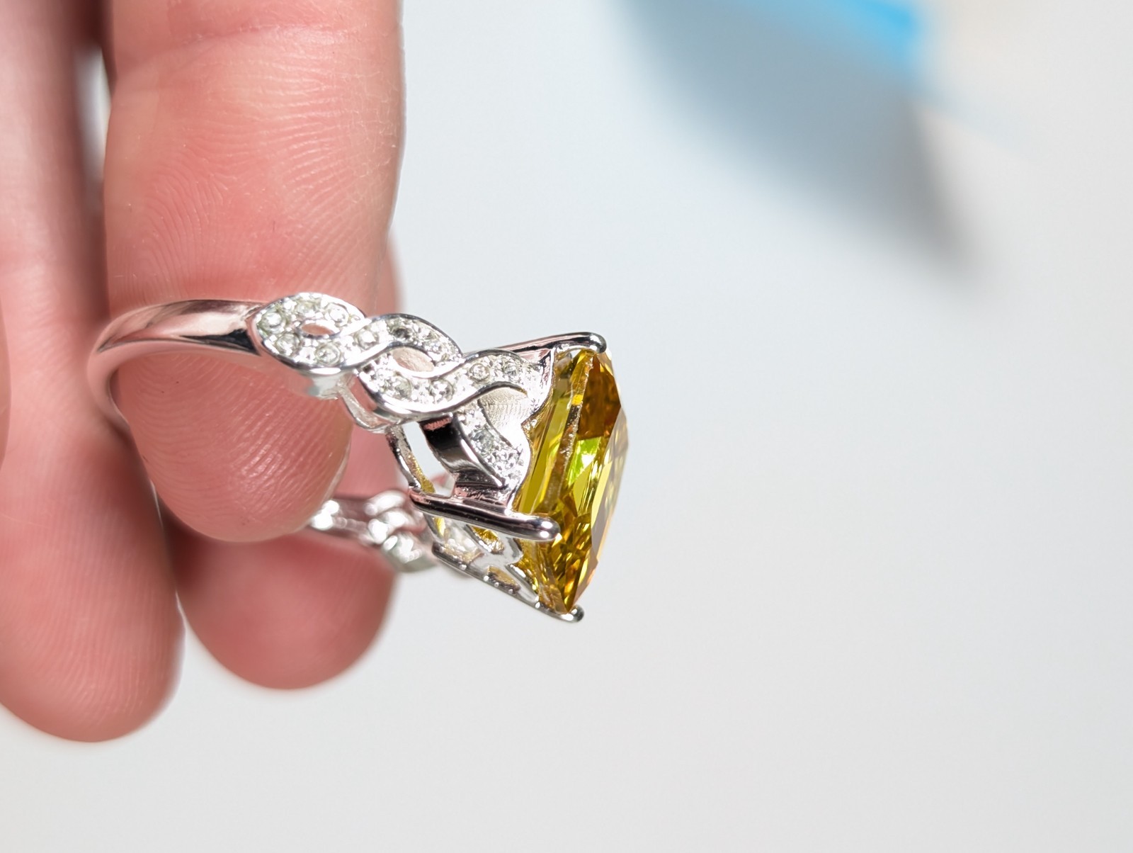 Faux Citrine Colored Gemstone Ring Silver Tone Rhinestone Size 8 Emerald Cut