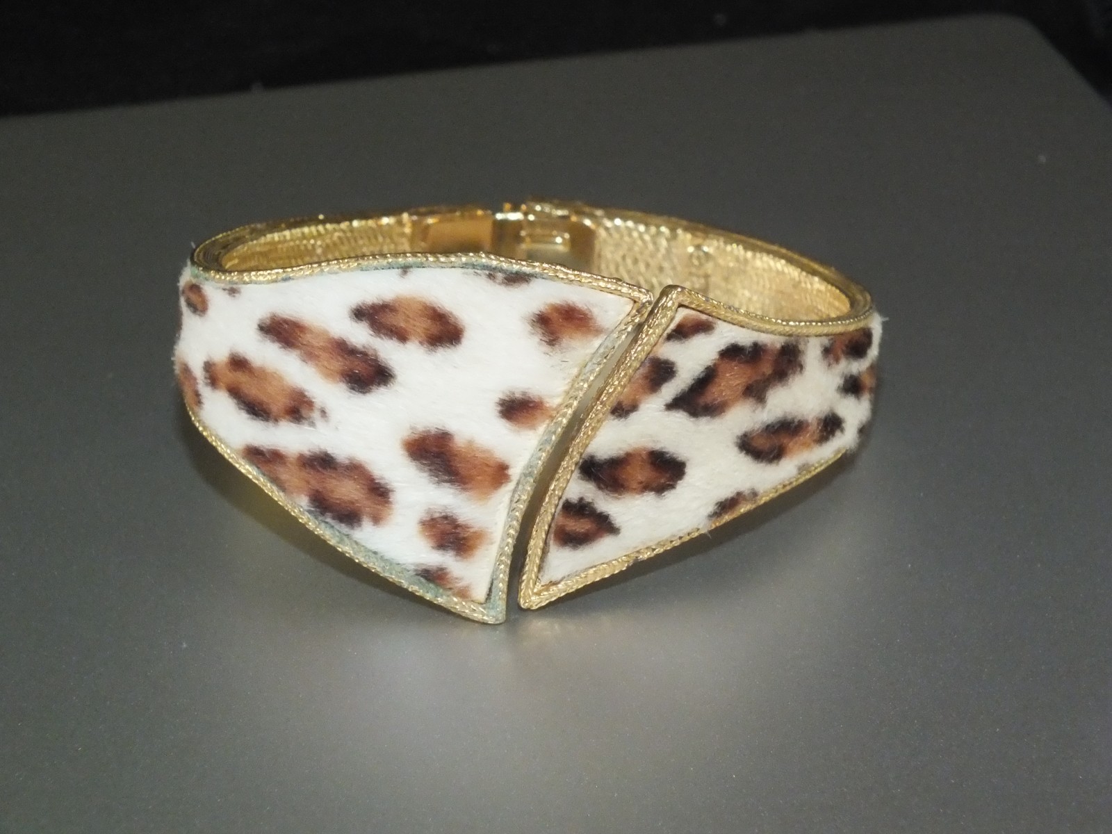 Vintage BSK faux fur ? curved BRACELET CUFF BANGLE gold WHITE BROWN BLACK SPOTS
