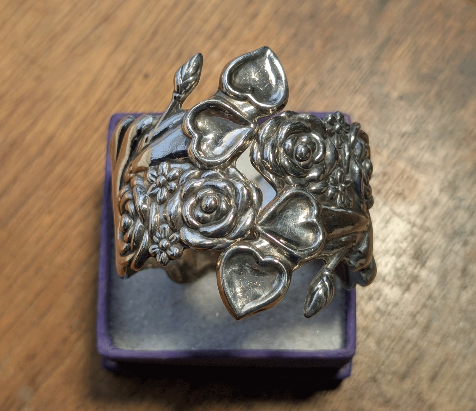 Taxco Mexico Sterling Silver Hearts Roses Hands Bracelet by Antonio Reina ~ 65g