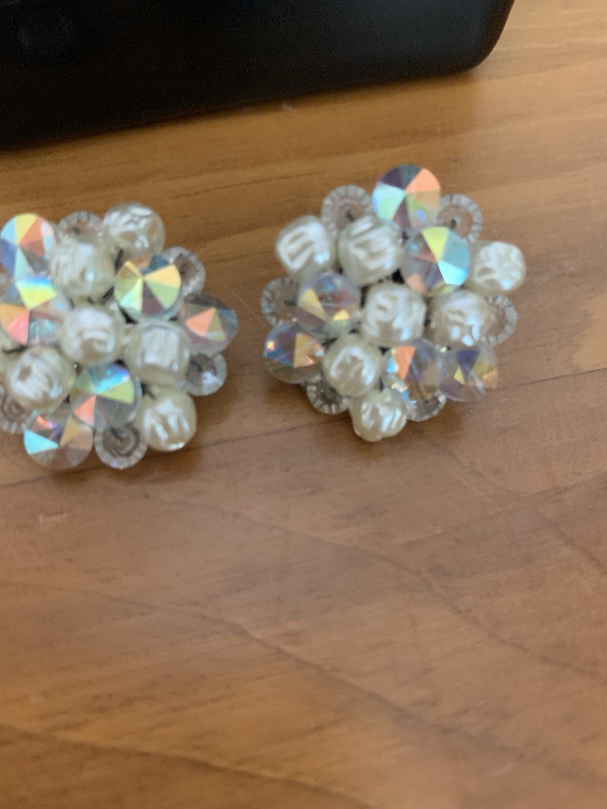 Vintage 1950s aurora borealis Beaded Clip On Earrings 3/4”