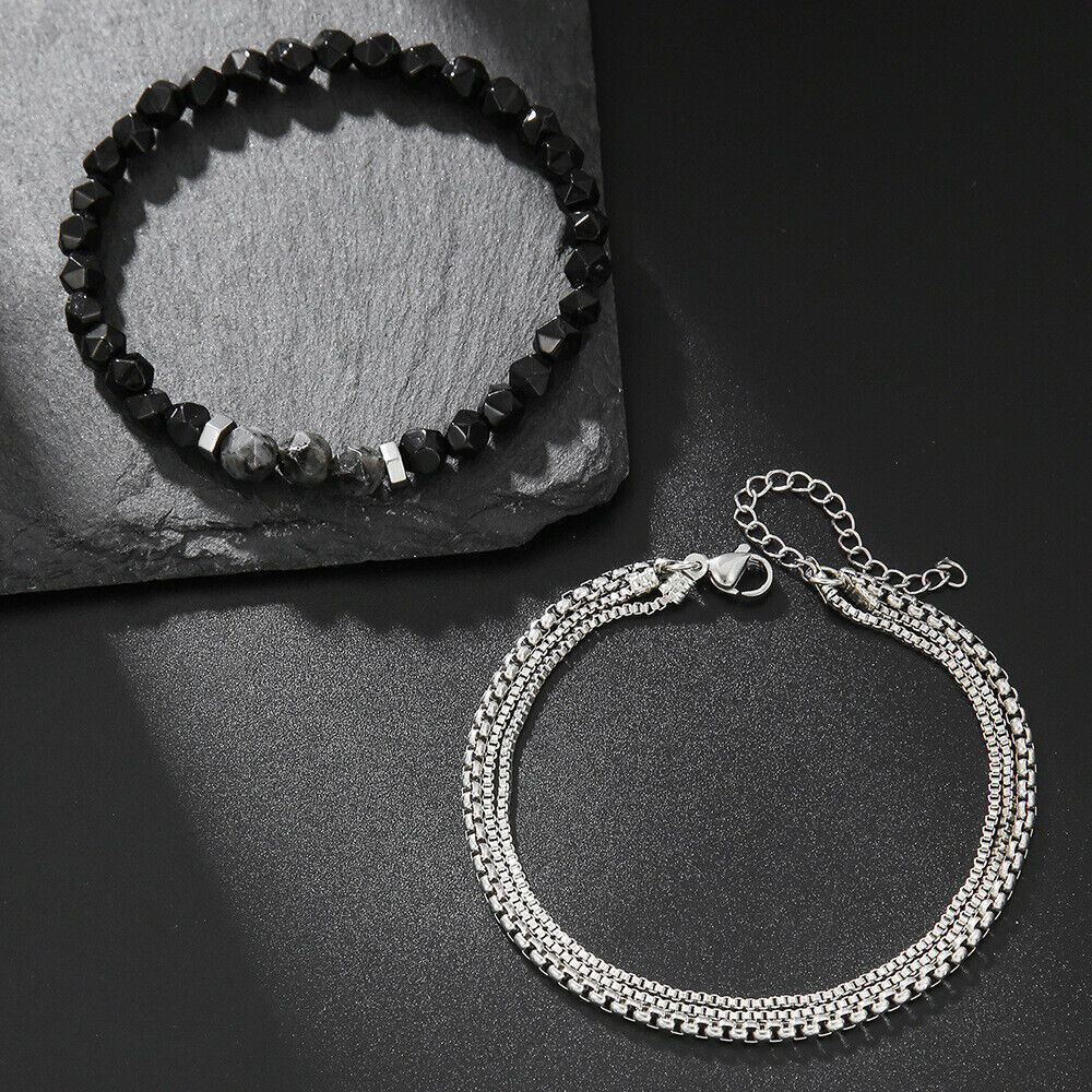2 Pcs/set Men’s Hip Hop Chain Bracelets Fashion Polygonal Stone Chain Bracelets