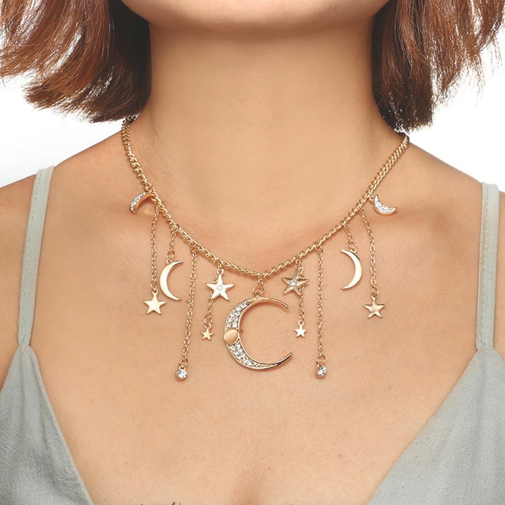 Moon Stars Tassel Pendant Necklaces Big Moon Clavicle Necklace Star Tassel Co…