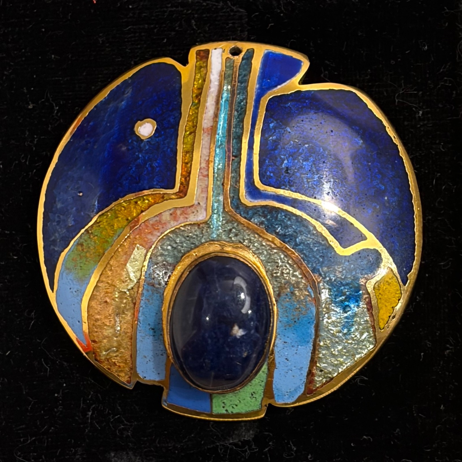 Vintage David Kuo Champleve Enamel Signed Abstract Modernist Oval Pendant