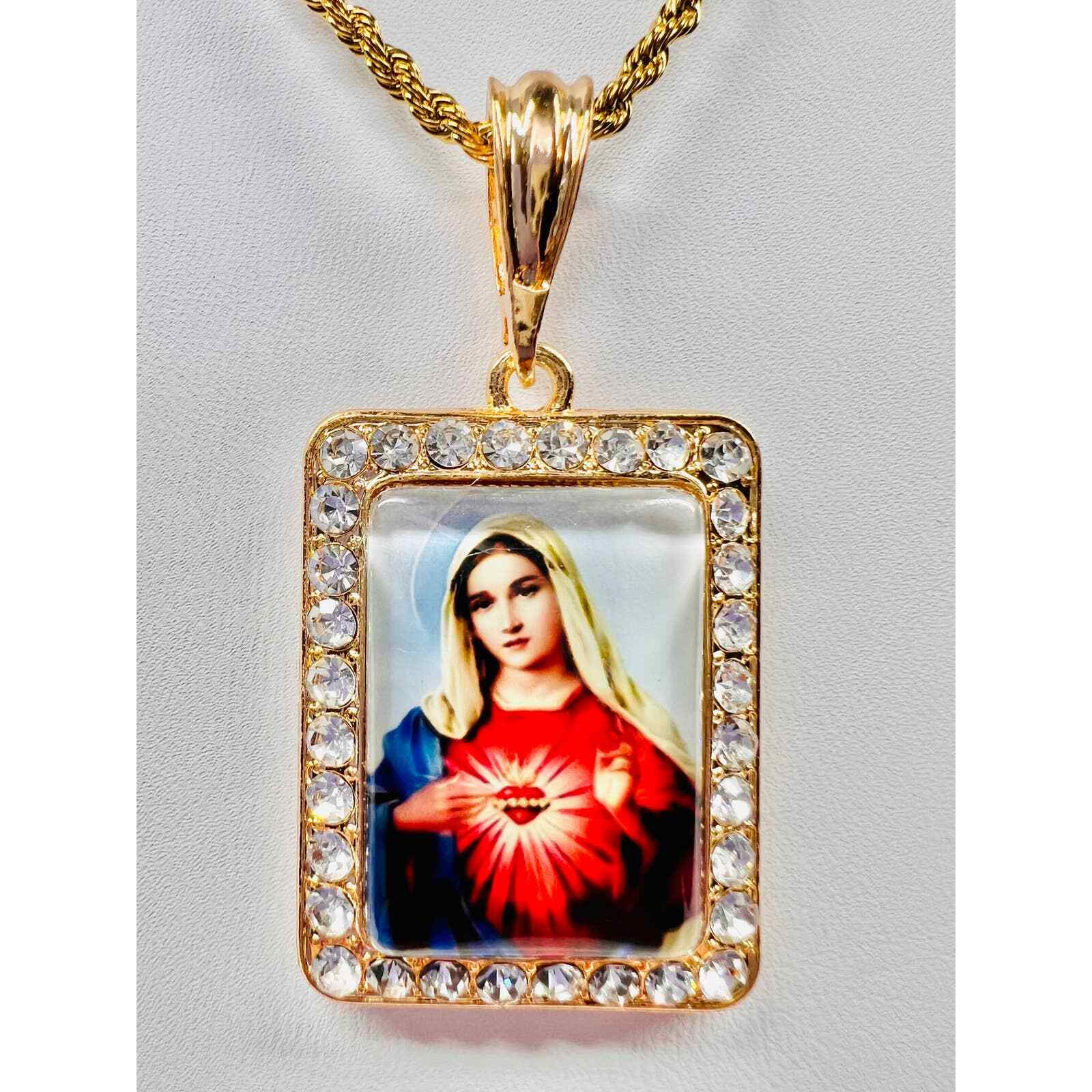 Sagrado Corazon de Maria Medalla con Cadena 24K Oro Chapado Dije Torzal NUEVO