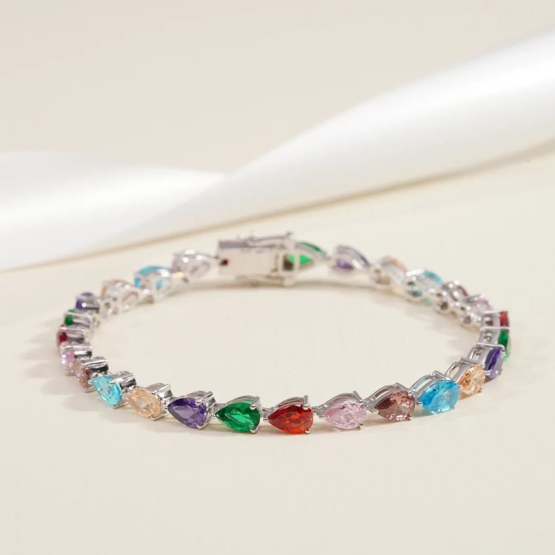 15Ct Pear Cut Lab Created Multicolor Women Bracelet 14K White Gold Plated Silver