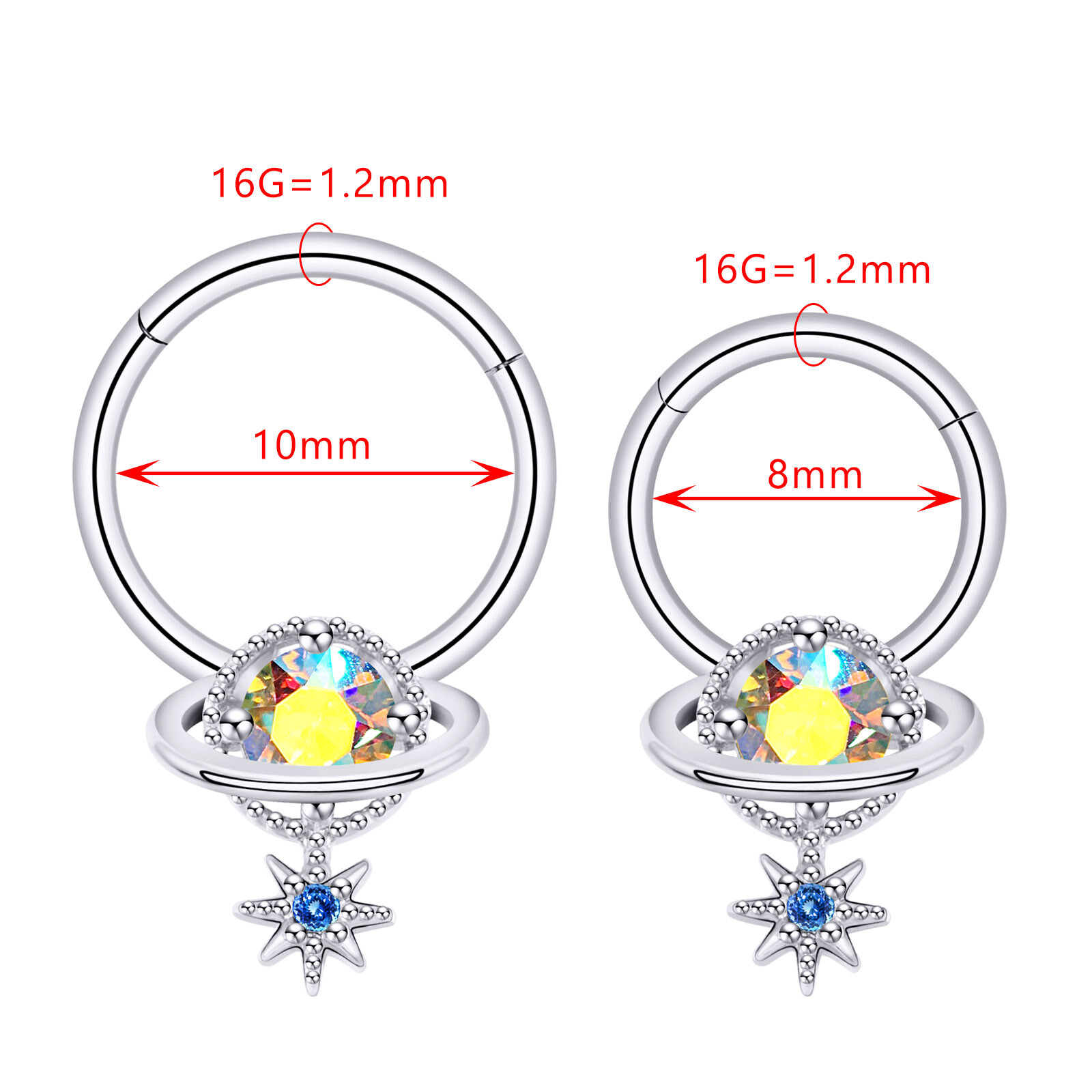 1PC Steel Hinged Septum Clicker Planet Moon Dangle Segment Nose Hoop Rings 16G