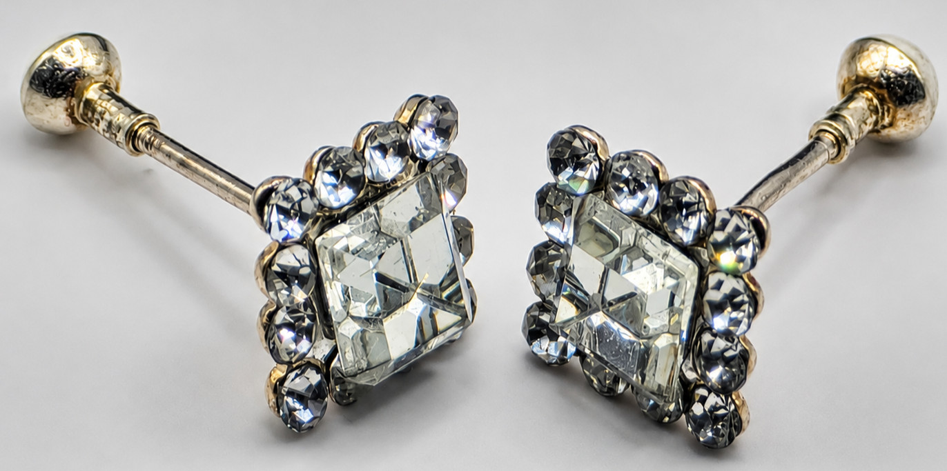 Emerald Cut Clear Crystal Halo New Stud Earrings Silver Tone Elegant Screw Back
