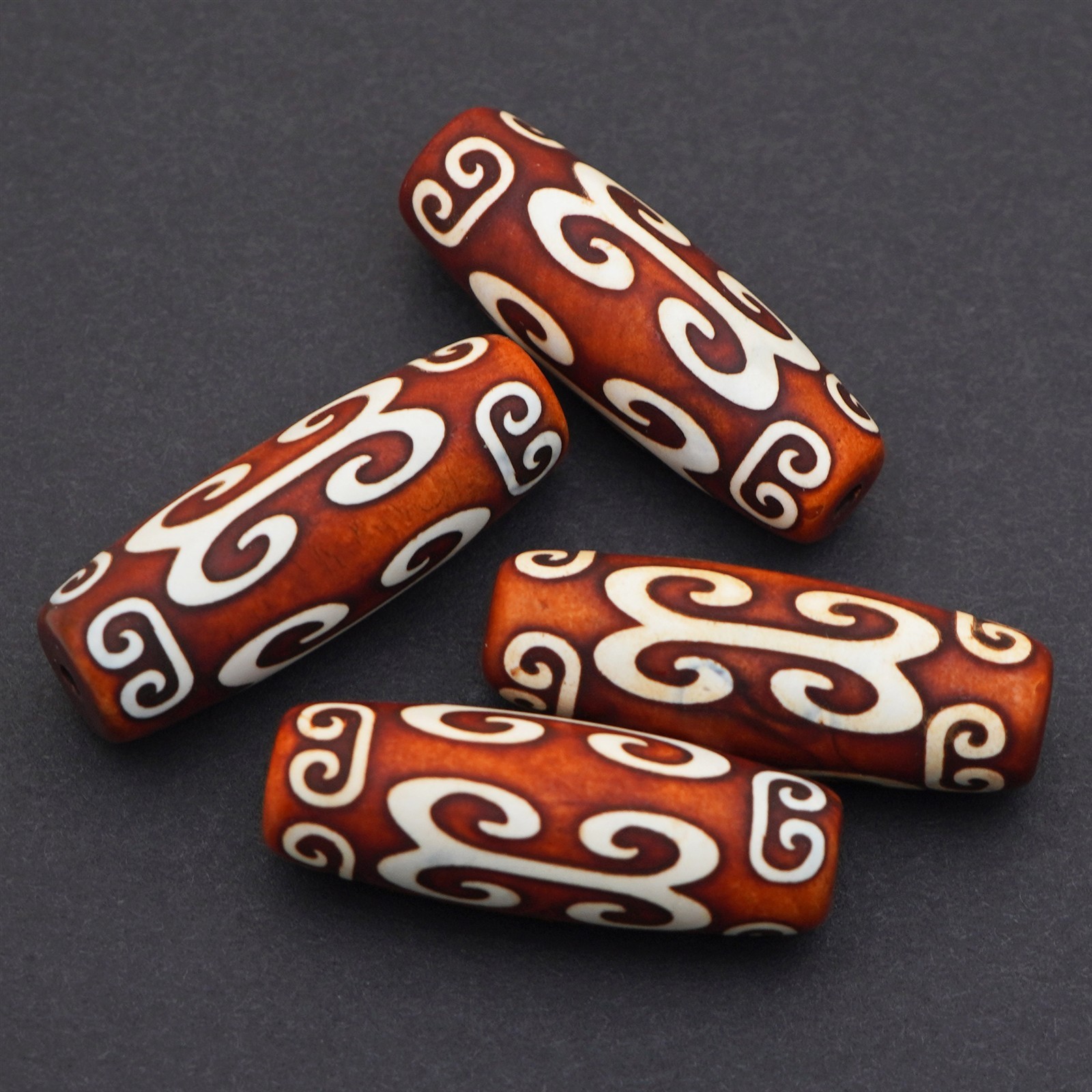 4 long oval Tibetan agate beads white spiral designs brown stone avg 30mm 29mm