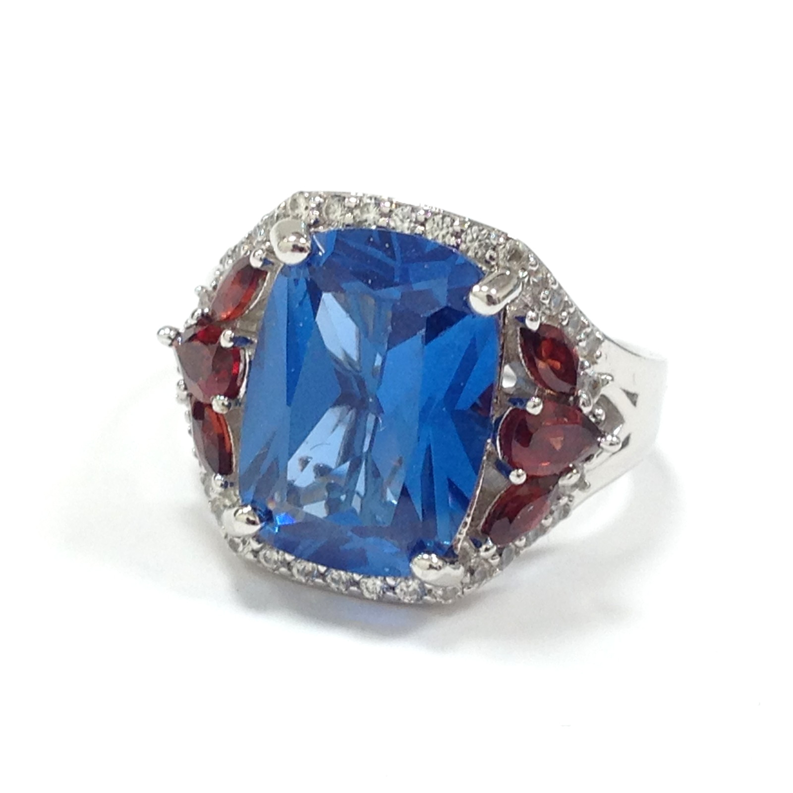 DK Signed 925 Sterling Silver Blue and Red Gemstone Cocktail Ring Size 7.75