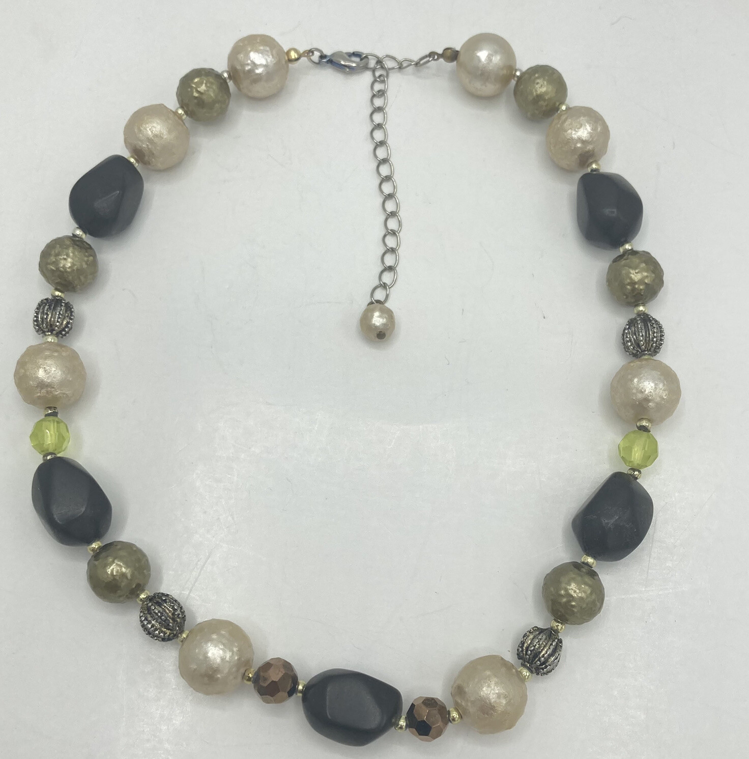 Green Brown Cream/ Champagne Color Textured Beaded 16” Single Strand Necklace