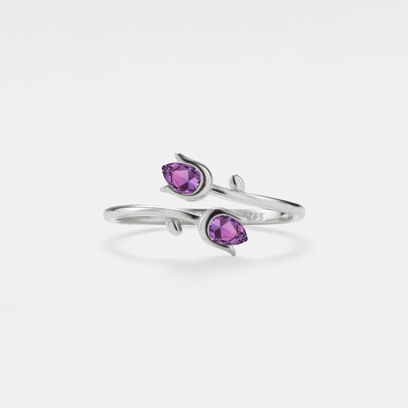 Purple Amethyst Tulip Flower Stacking Bypass Ring in 925 Sterling Silver