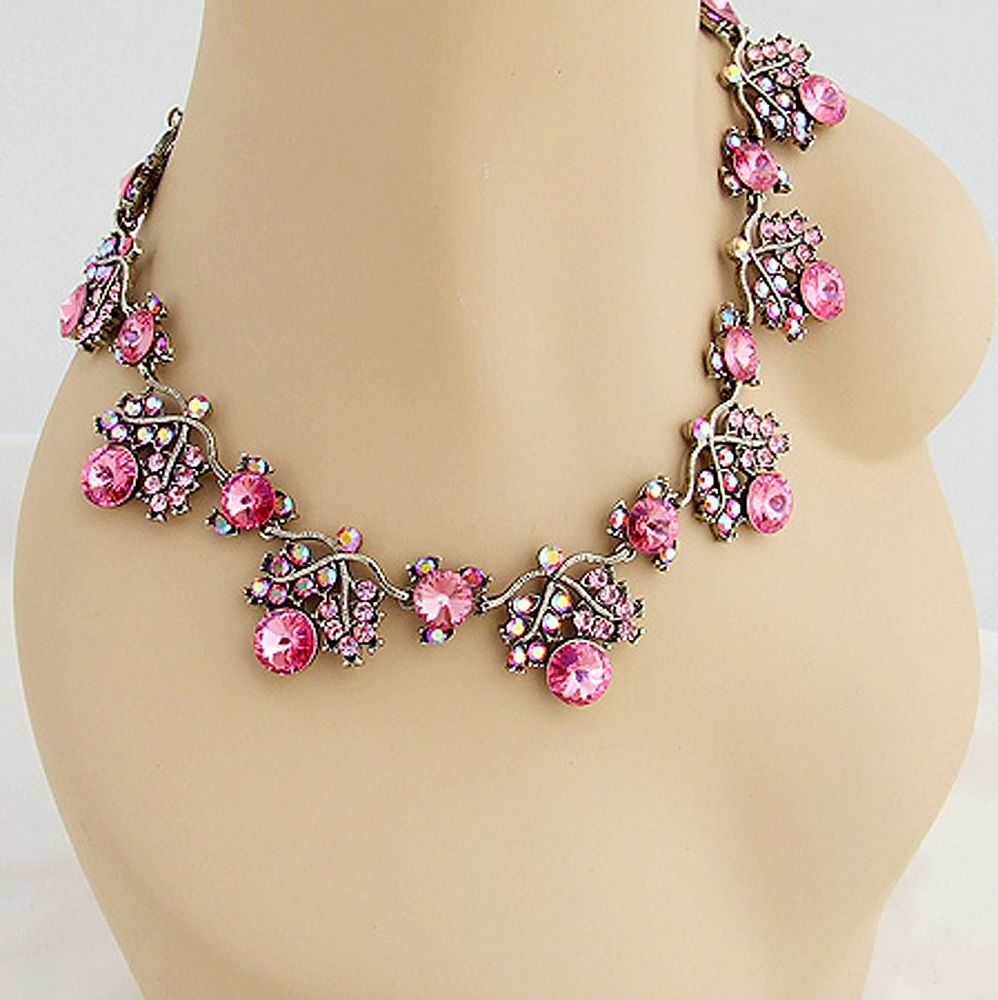 ONYX 18 in PINK A/B CRYSTAL NECKLACE PIERCED EARRINGS SILVERTONE JEWELRY SET NEW