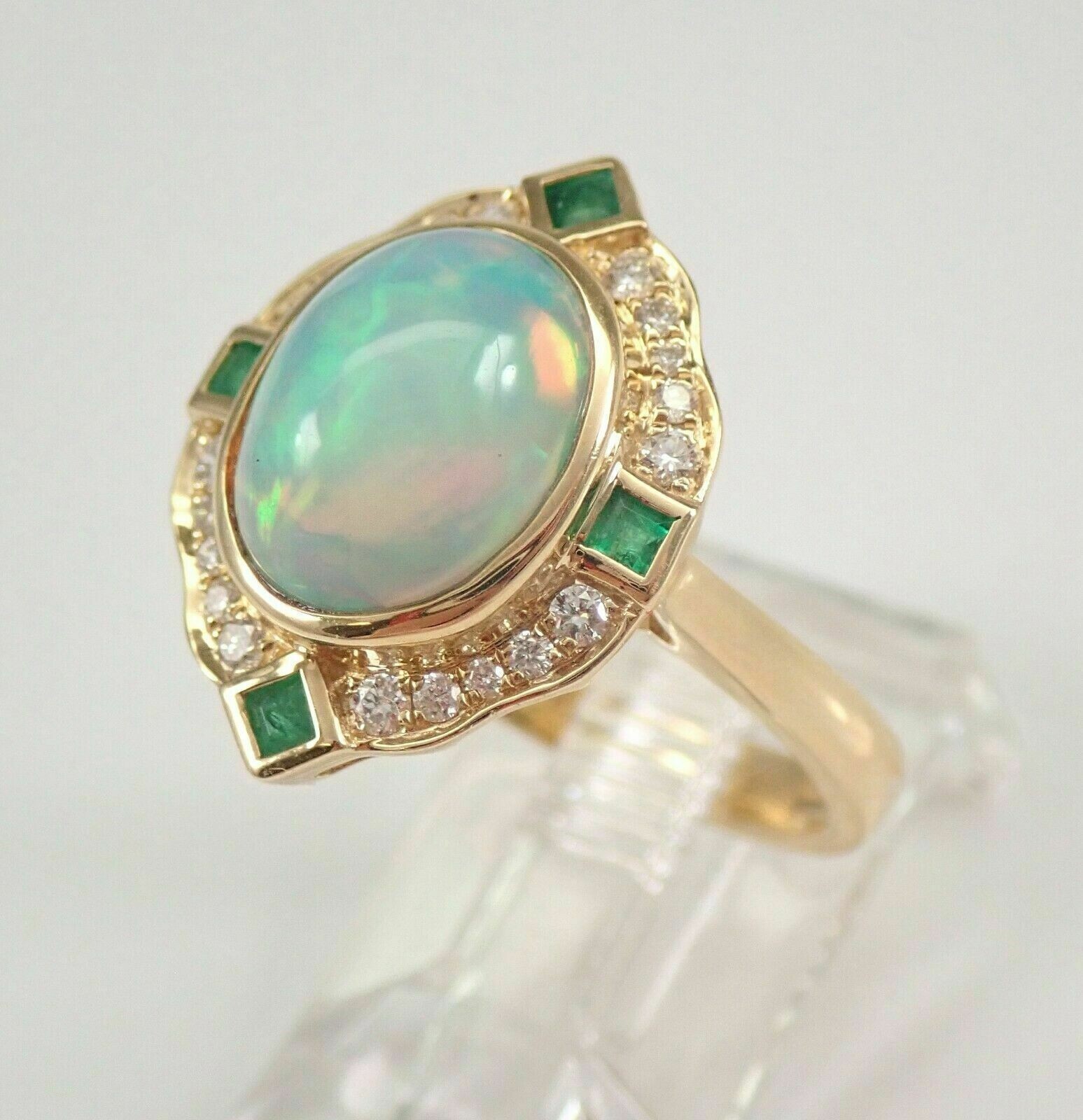 3Ct Oval Cut Opal & Emerald Women’s Halo Engagement Ring 14K Yellow Gold Finish