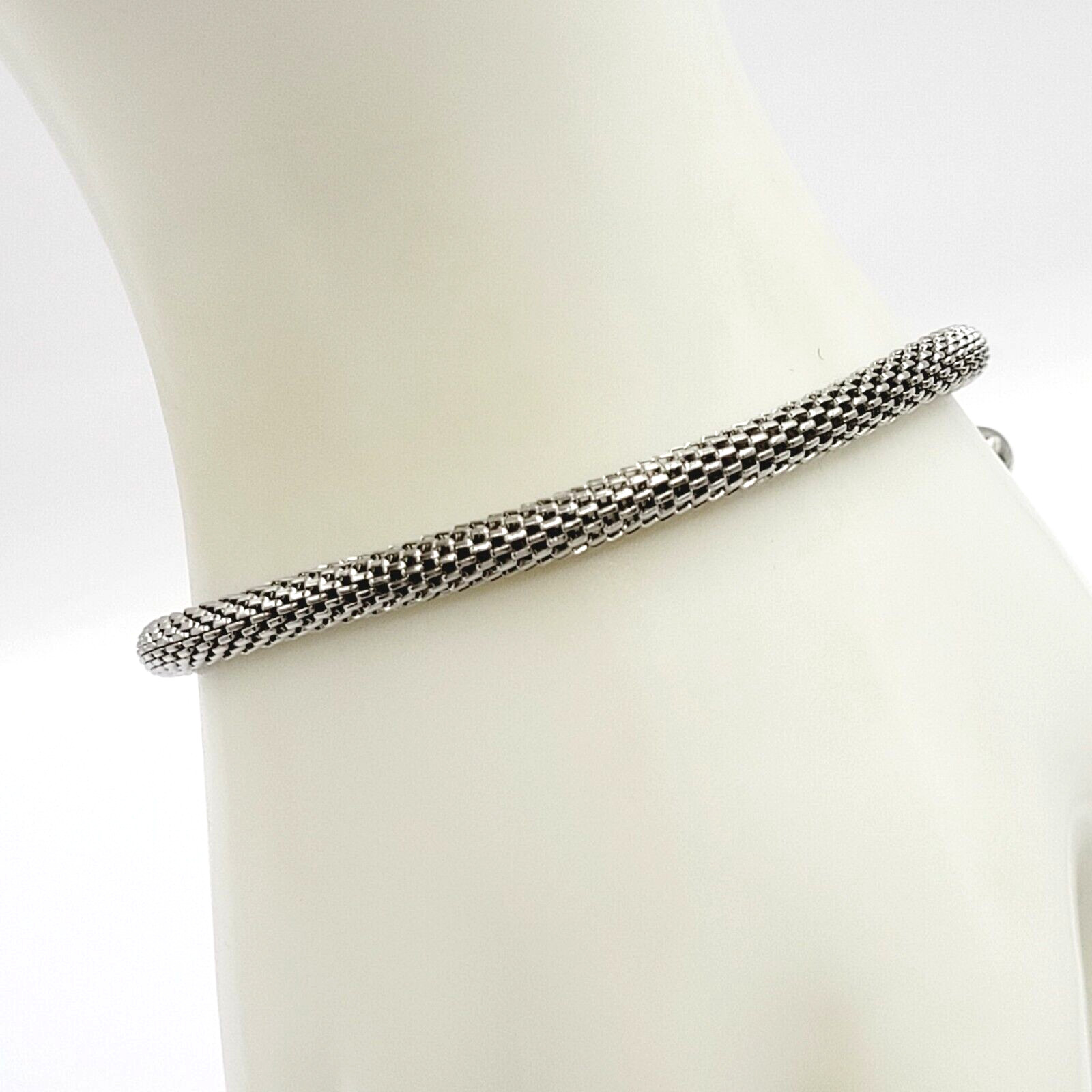Puffy Heart Polished Charm Dangle on Silver Tone Stainless Mesh Bracelet 7 Inch
