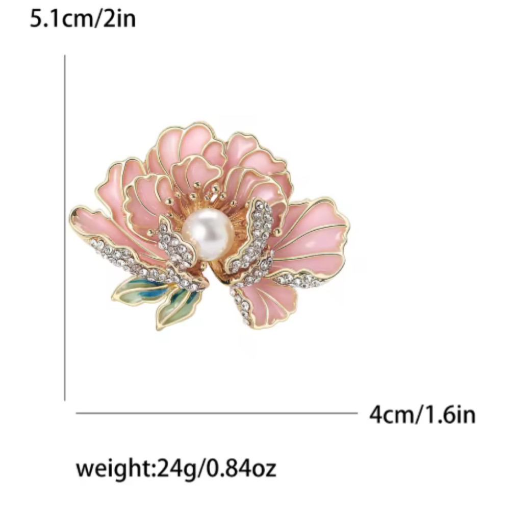 Gold Pink Peony Flower Brooch Pearl Enamel Rhinestone Pin Summer Jewelry Gift