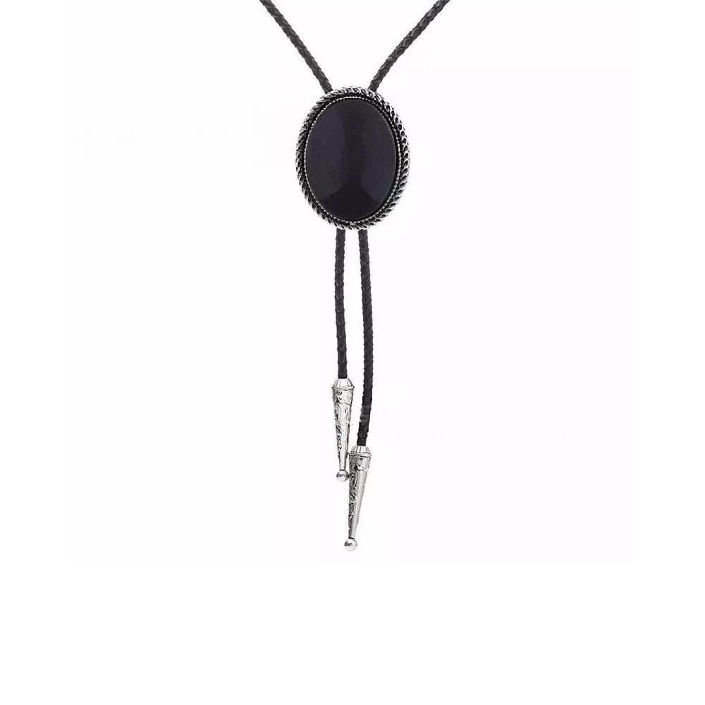 Hand Made Natural Black Stone Western Cowboy Leather Bolo Neck Tie Zinc alloy